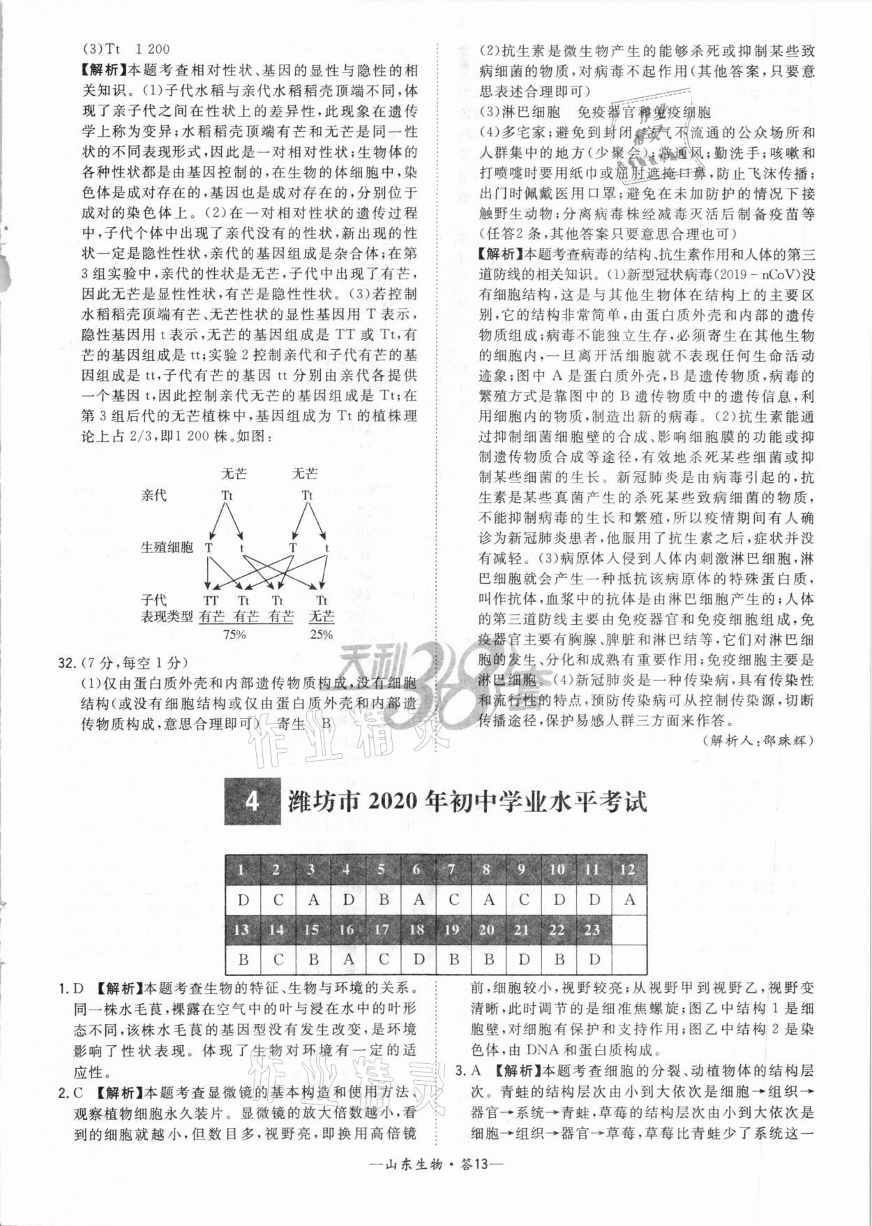 2021年天利38套中考試題精選生物山東專版 參考答案第13頁