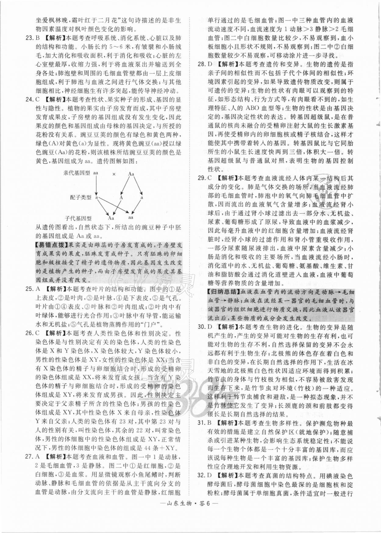 2021年天利38套中考試題精選生物山東專版 參考答案第6頁