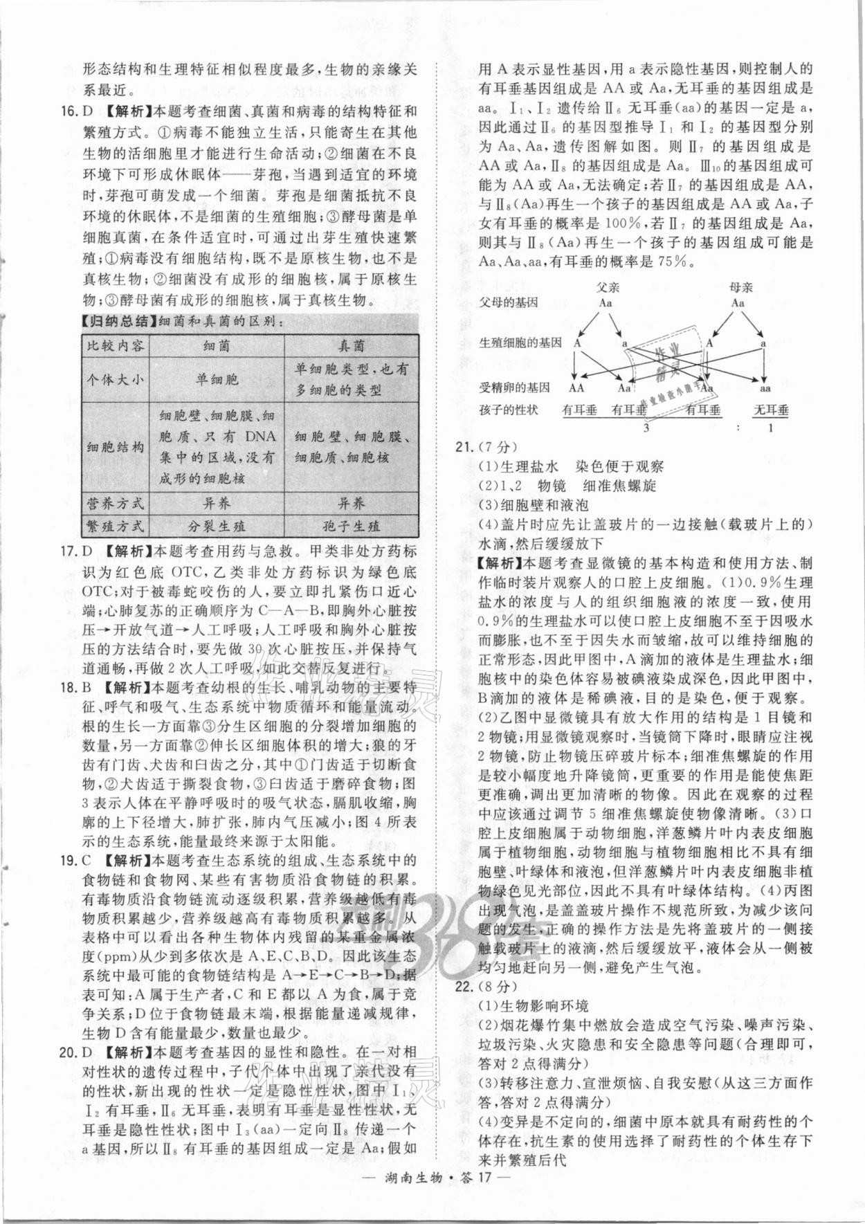 2021年天利38套中考试题精选生物湖南专版 参考答案第17页