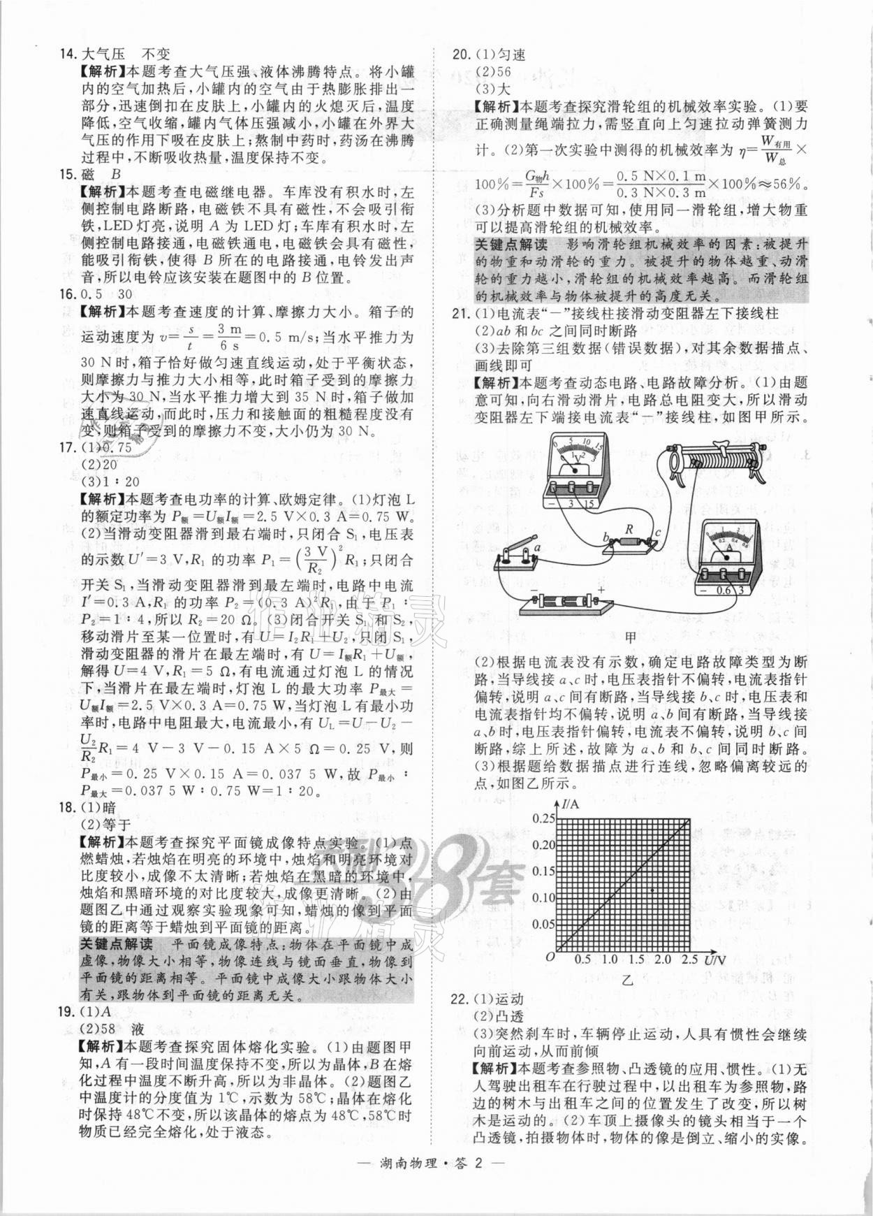 2021年天利38套中考试题精选物理湖南专版 参考答案第2页