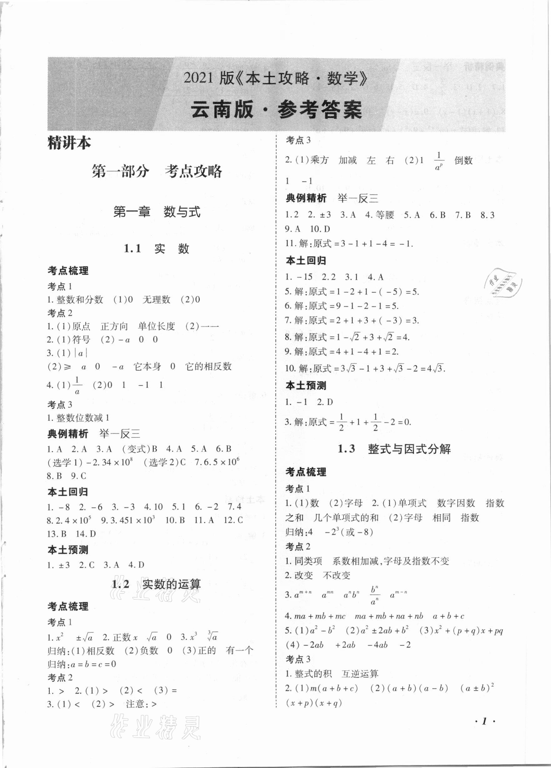 2021年本土攻略精準(zhǔn)復(fù)習(xí)方案數(shù)學(xué)云南專版 第1頁