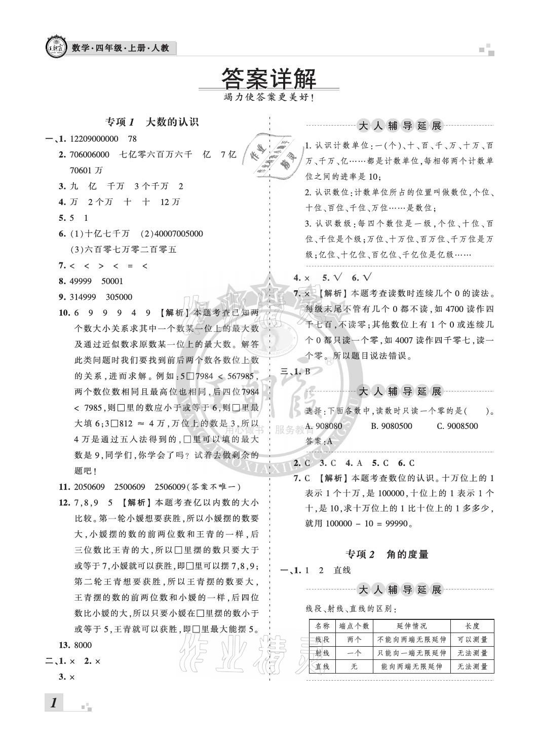 2020年王朝霞各地期末试卷精选四年级数学上册人教版河北专版 参考答案第1页