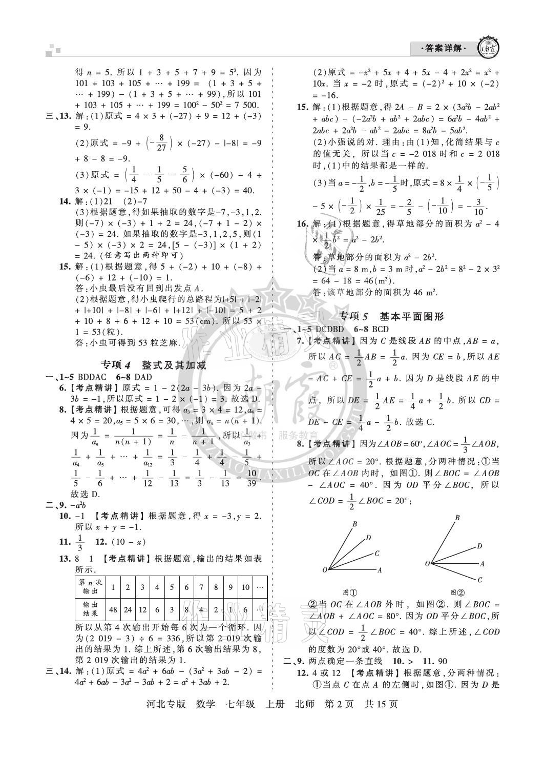 2020年王朝霞各地期末试卷精选七年级数学上册北师大版河北专版 参考答案第2页