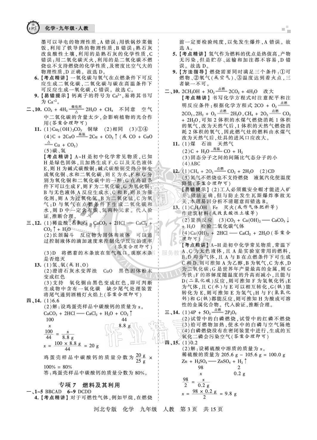 2020年王朝霞各地期末试卷精选九年级化学人教版河北专版 参考答案第3页