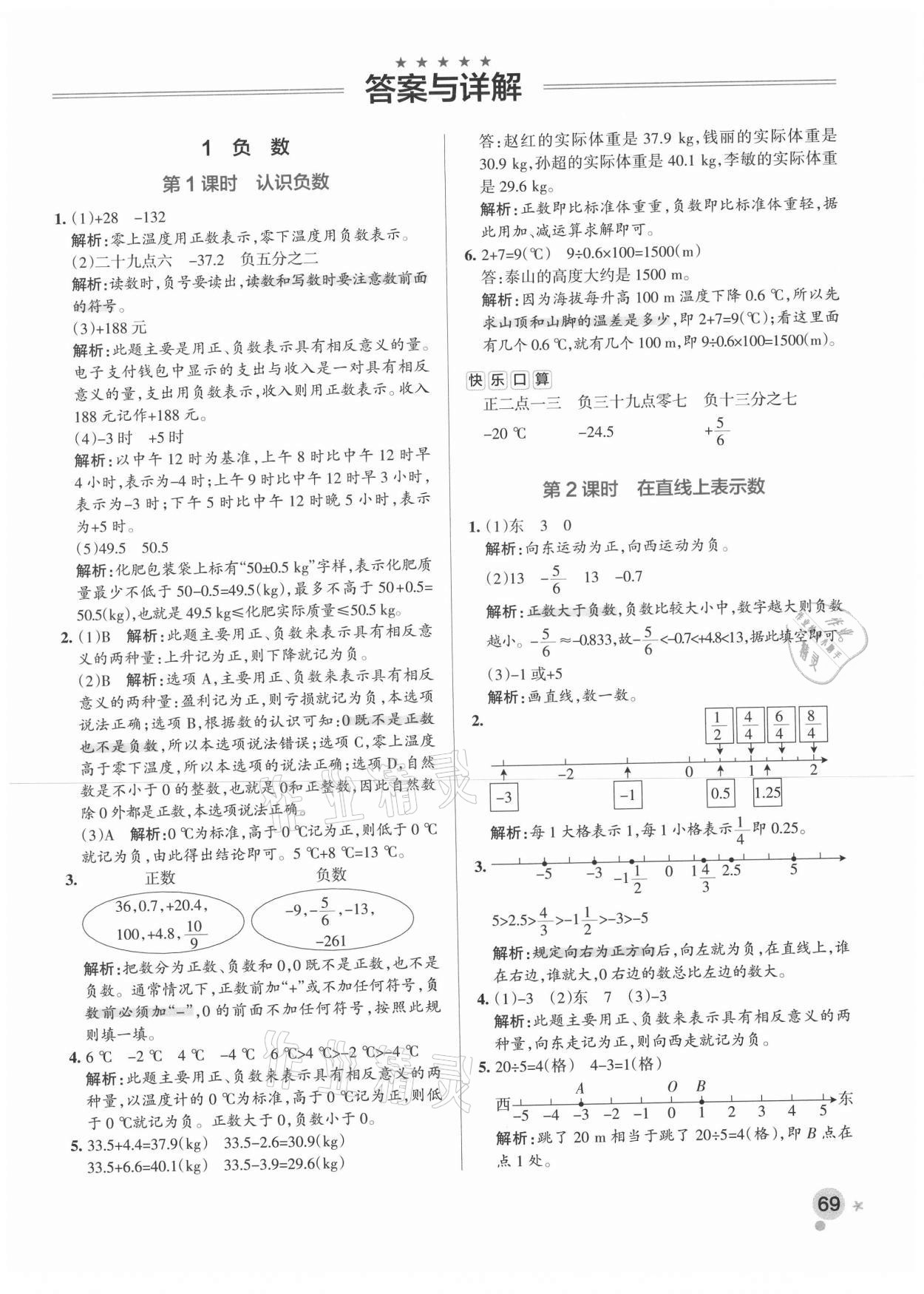 2021年小学学霸作业本六年级数学下册人教版 参考答案第1页