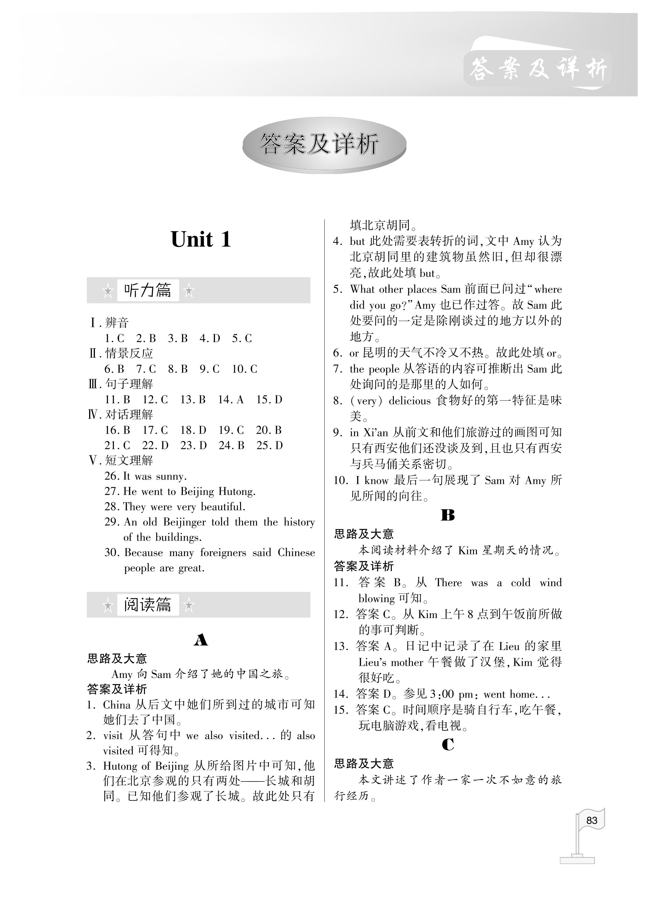 2020年初中英語聽讀同步訓練八年級上冊人教版 參考答案第1頁