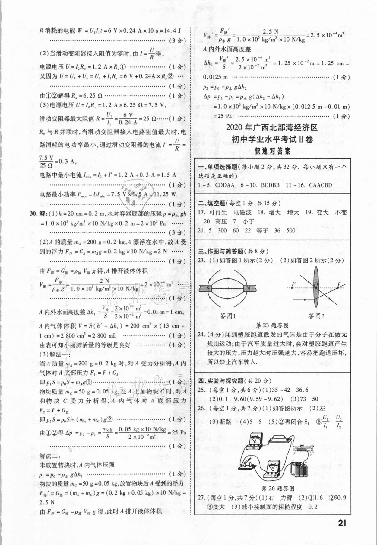 2021年一戰(zhàn)成名中考真題與拓展訓練物理廣西專版 參考答案第20頁