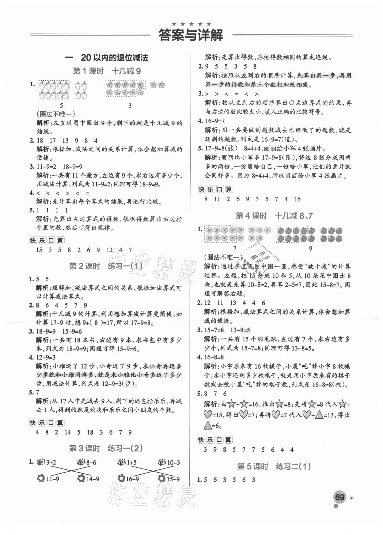 2021年小学学霸作业本一年级数学下册苏教版 参考答案第1页