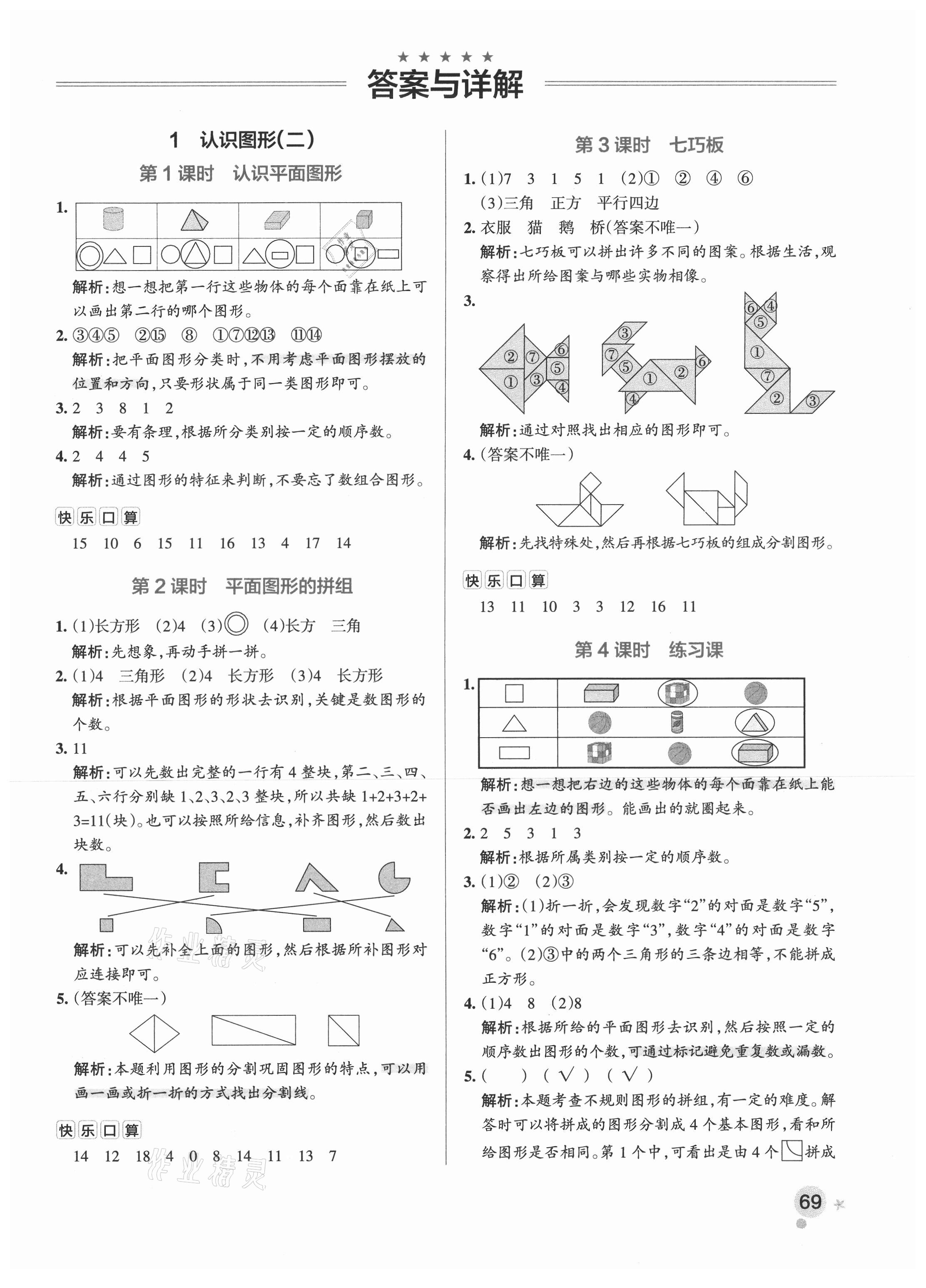 2021年小學學霸作業(yè)本一年級數(shù)學下冊人教版 參考答案第1頁