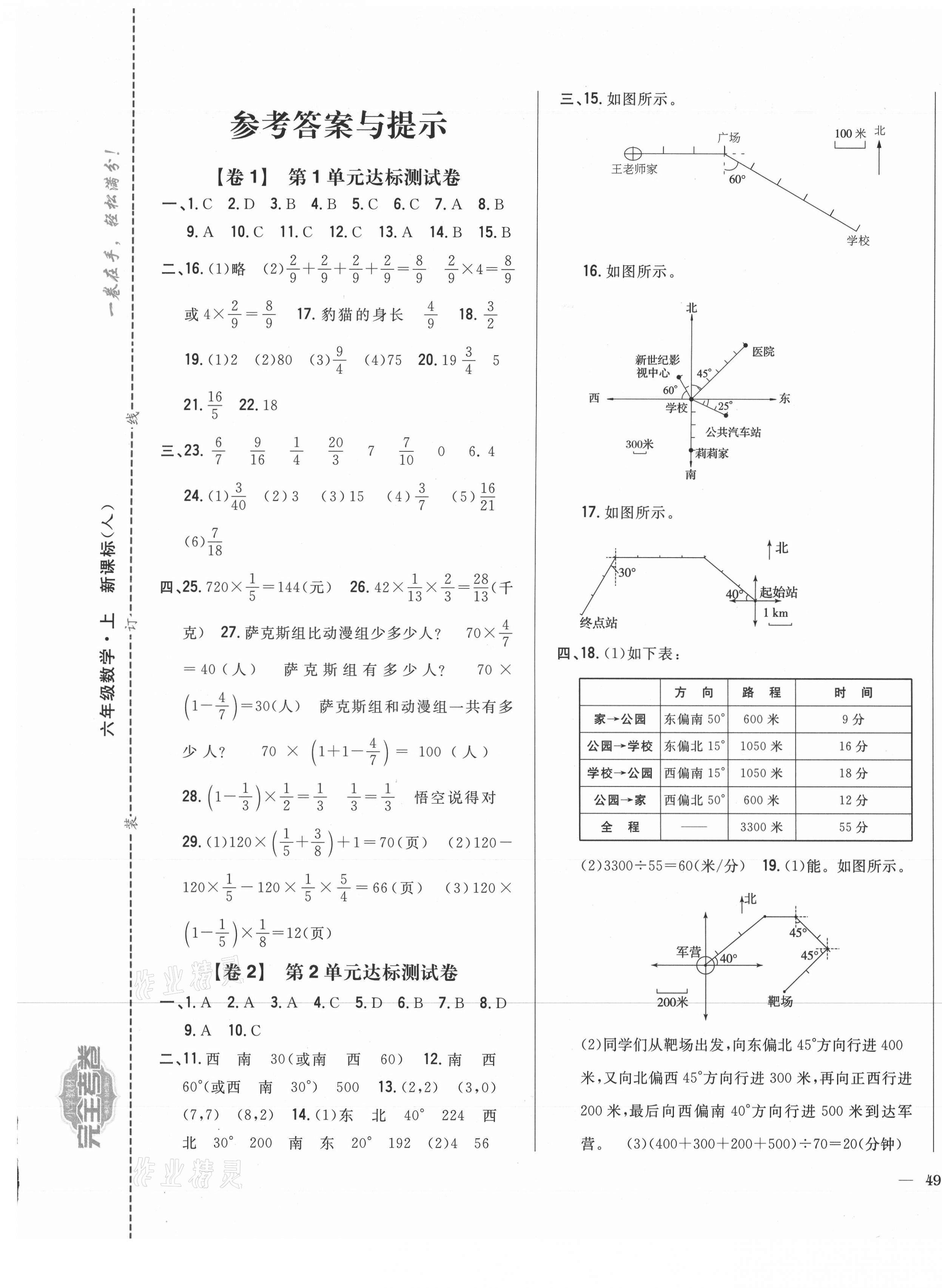 2020年小學教材完全考卷六年級數學上冊人教版福建專版 參考答案第1頁