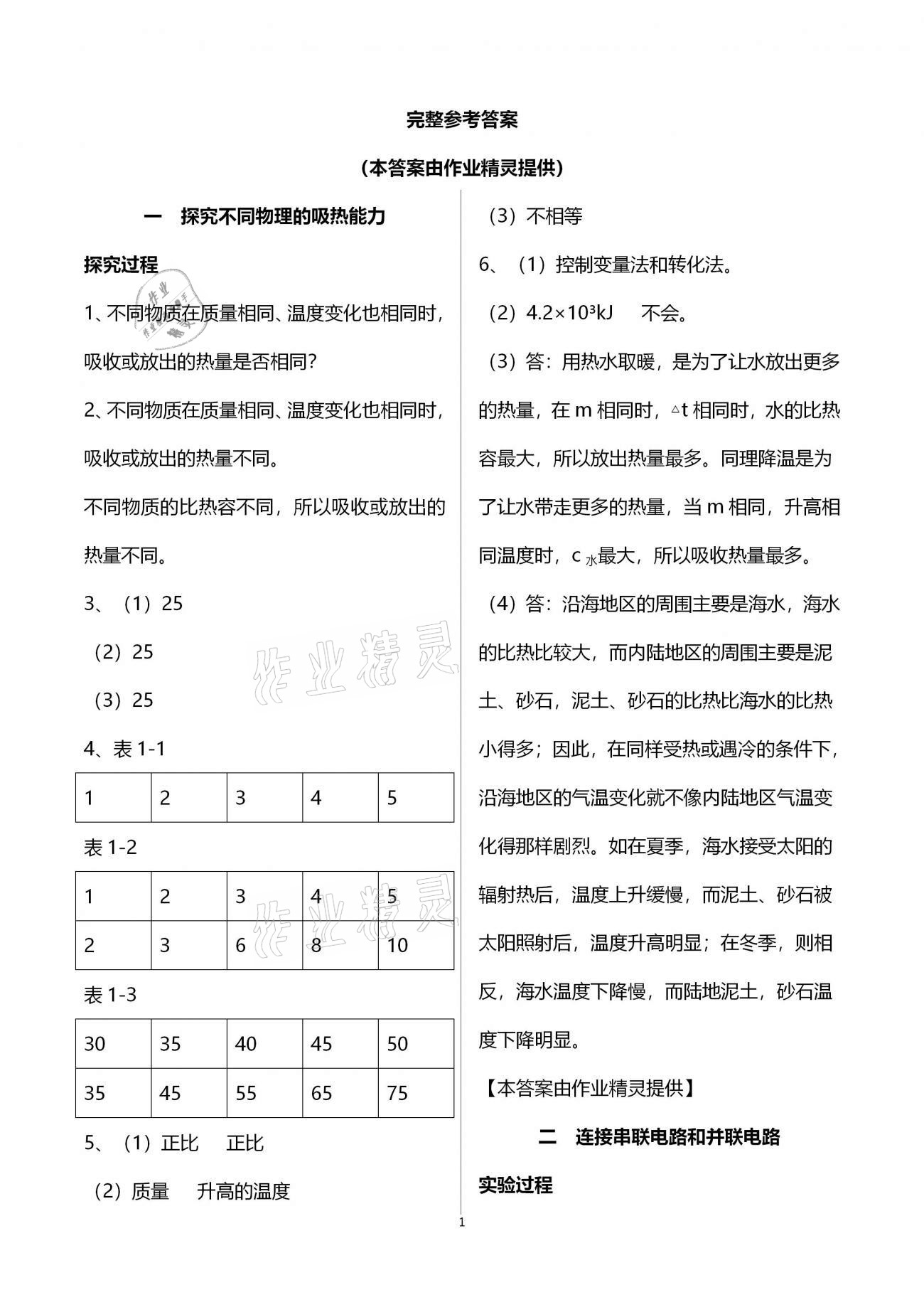 2020年实验探究报告册九年级物理上册 参考答案第1页