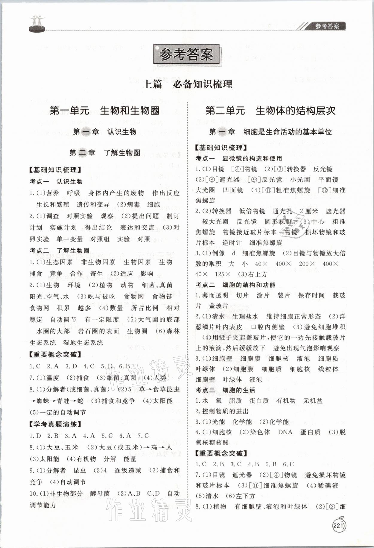 2021年初中總復習手冊生物臨沂專用山東友誼出版社 參考答案第1頁