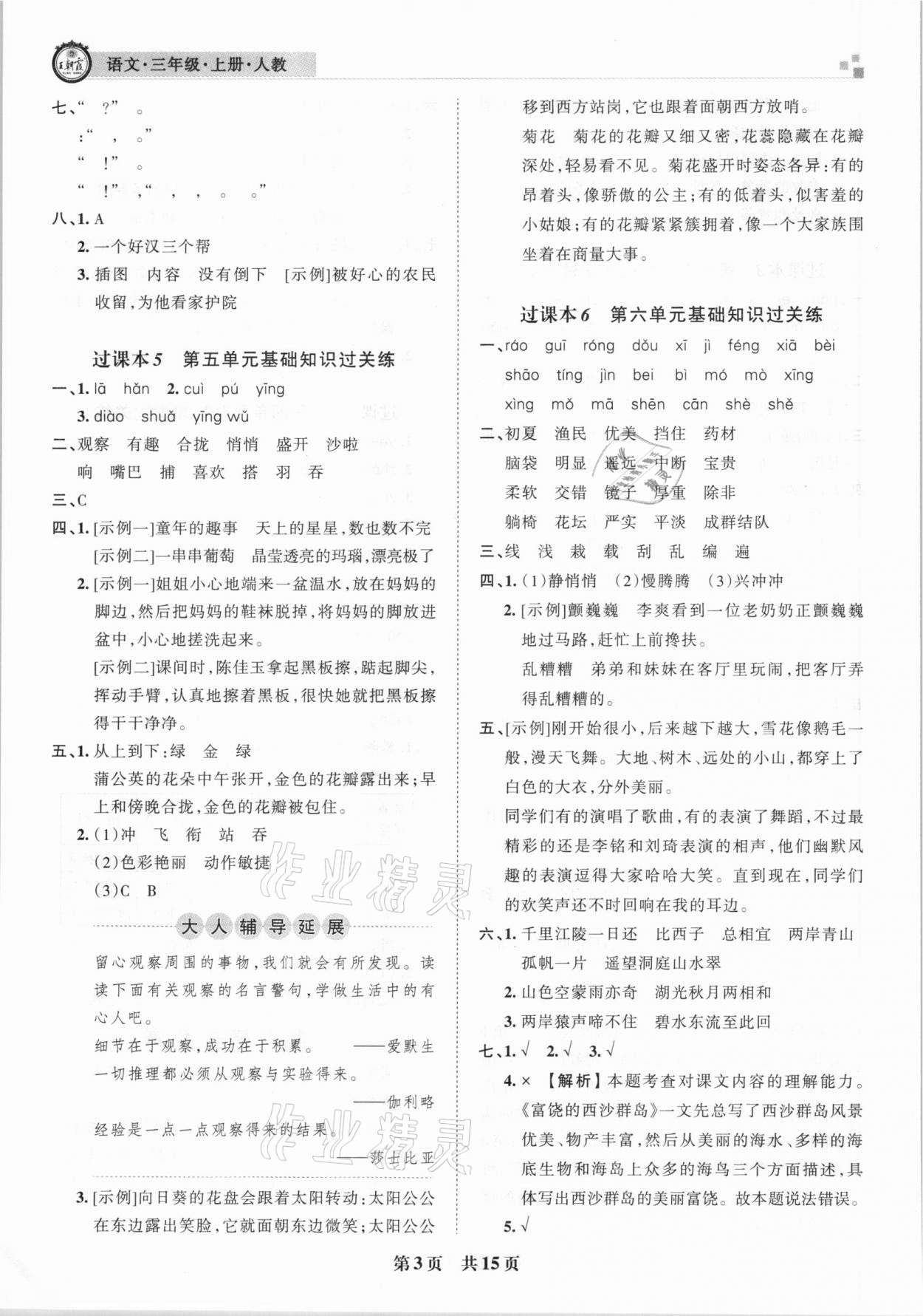 2020年王朝霞期末真題精編三年級語文上冊人教版鄭州都市版 參考答案第3頁