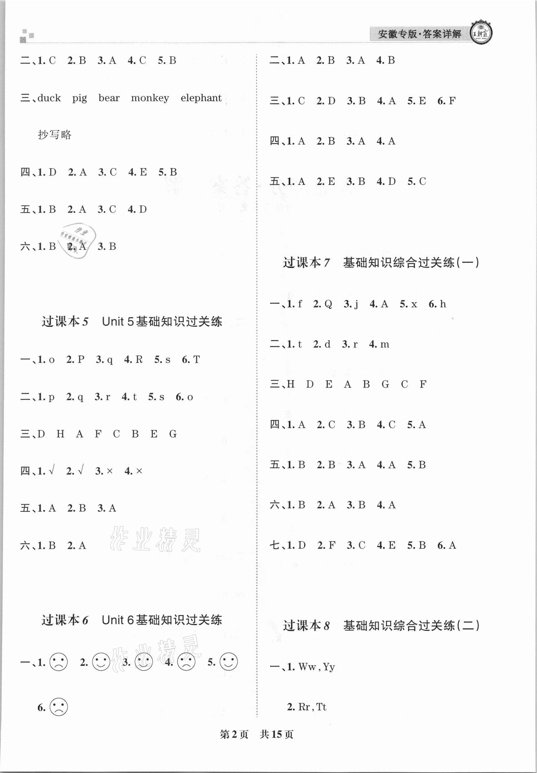 2020年王朝霞期末試卷研究三年級英語上冊人教PEP版安徽專版 參考答案第2頁