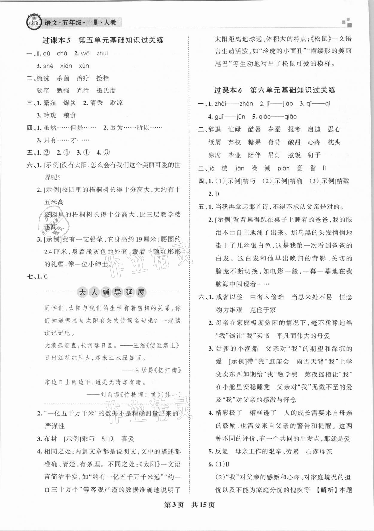 2020年王朝霞期末試卷研究五年級(jí)語文上冊(cè)人教版安徽專版 參考答案第3頁