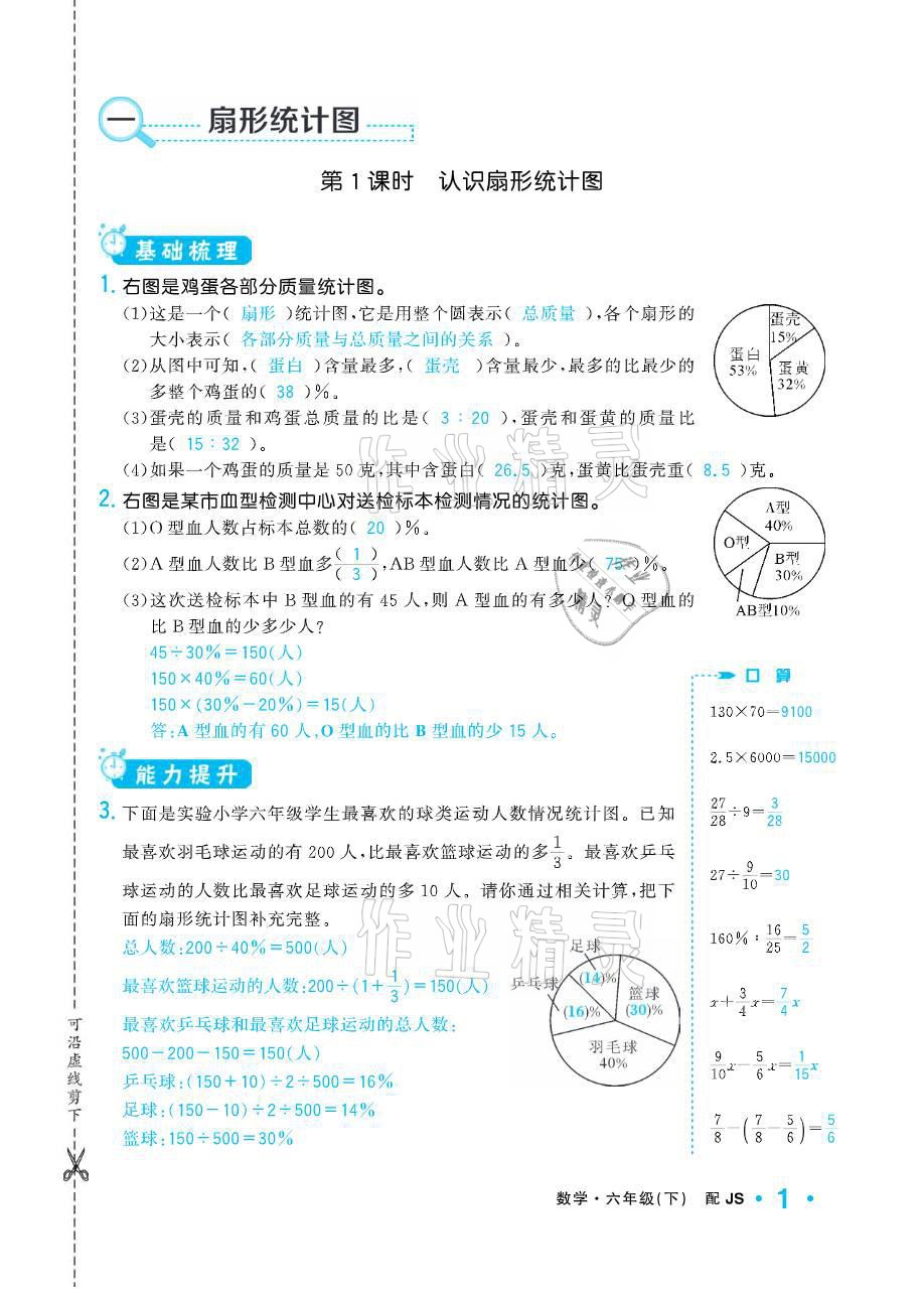 2021年小學(xué)1課3練培優(yōu)作業(yè)本六年級數(shù)學(xué)下冊江蘇版 參考答案第1頁