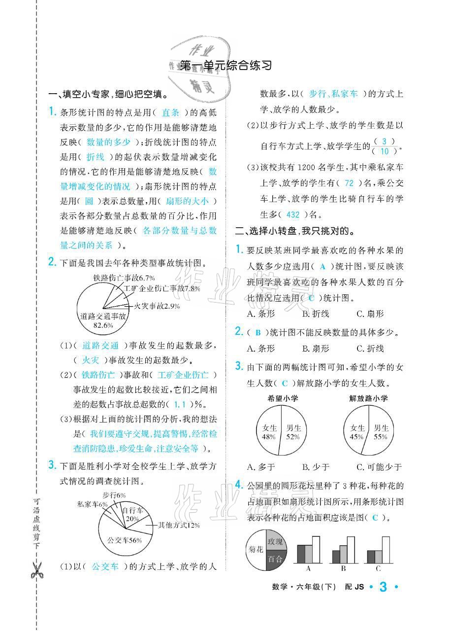 2021年小學(xué)1課3練培優(yōu)作業(yè)本六年級(jí)數(shù)學(xué)下冊(cè)江蘇版 參考答案第3頁(yè)