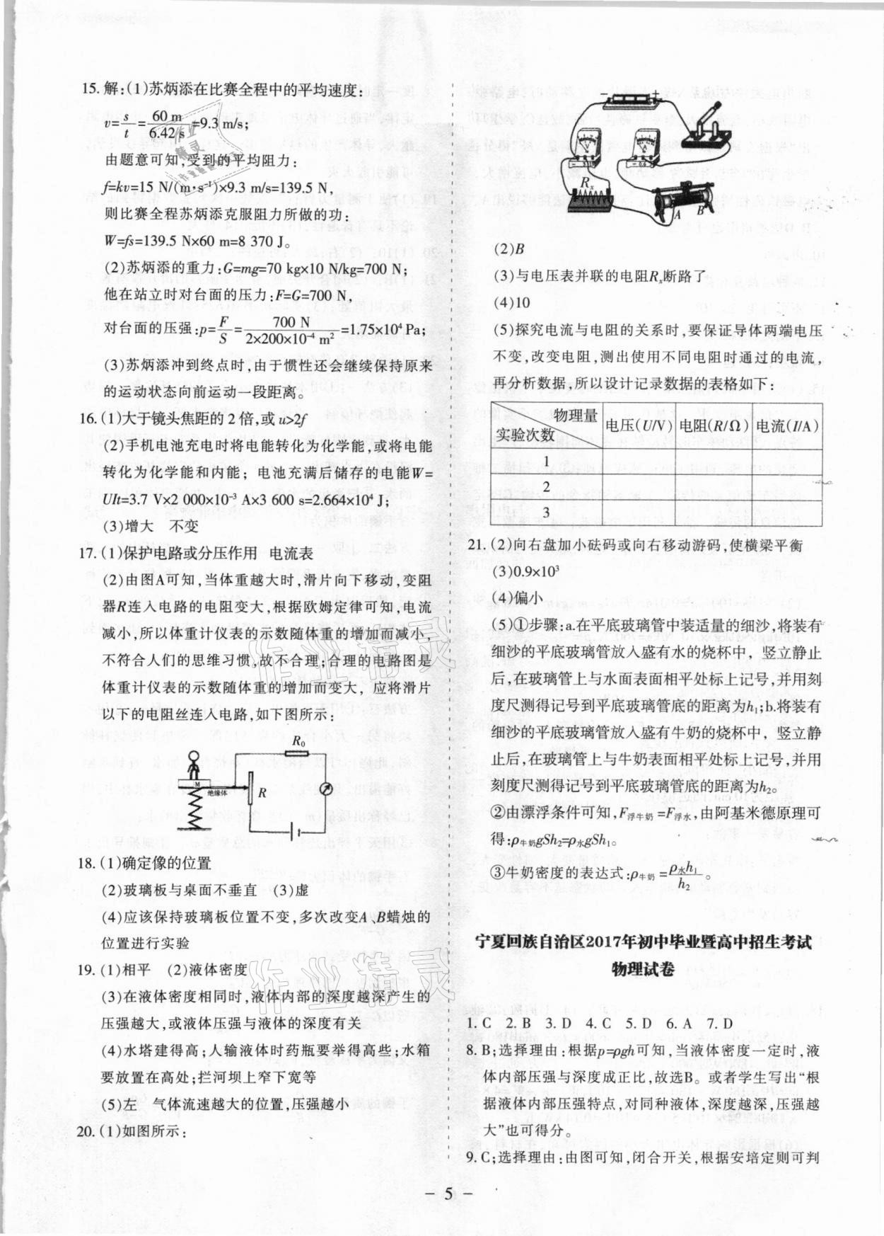 2021年寧夏中考試題精選物理 參考答案第5頁(yè)