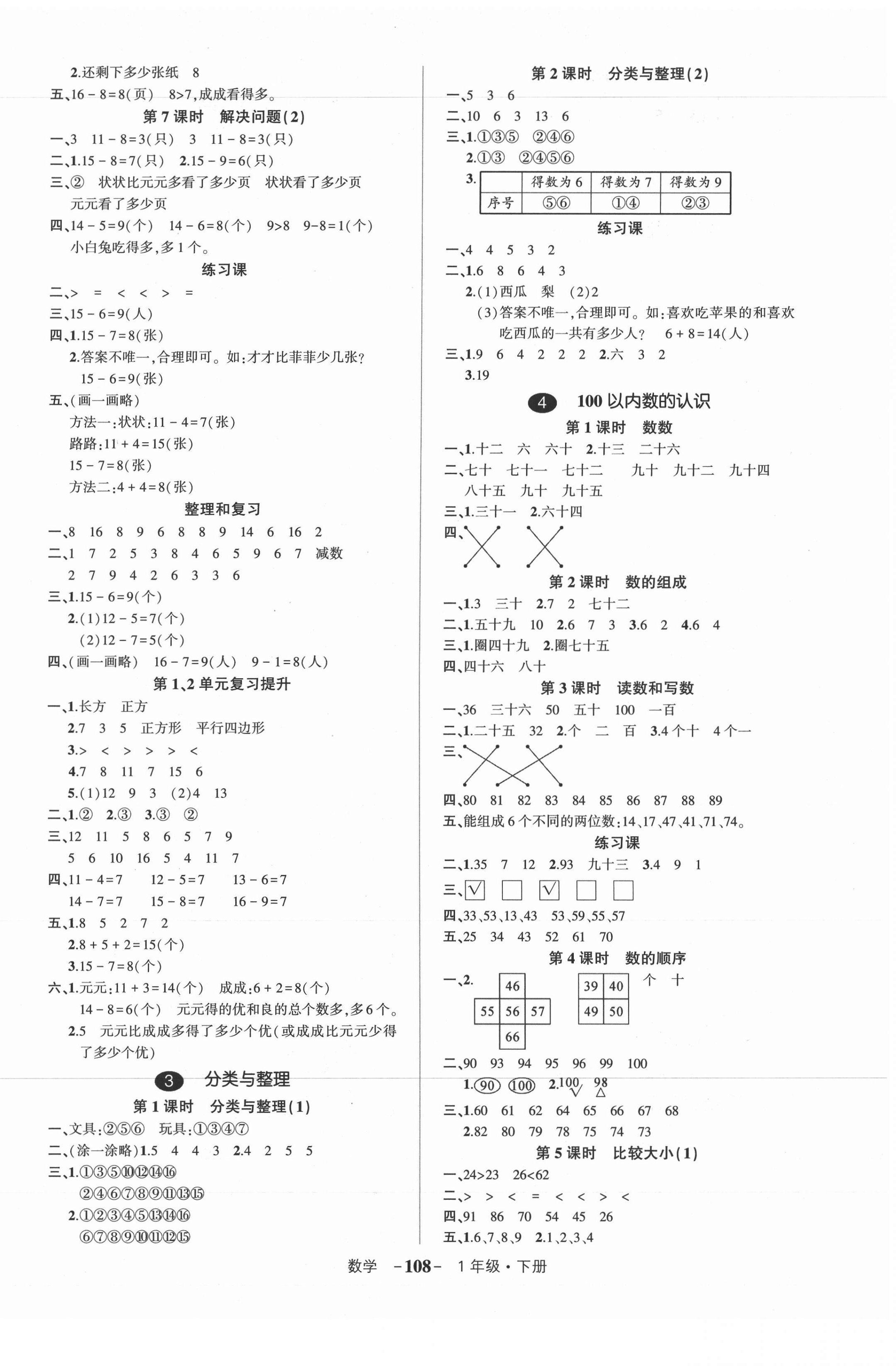 2021年狀元成才路創(chuàng)優(yōu)作業(yè)100分一年級數(shù)學下冊人教版 參考答案第2頁