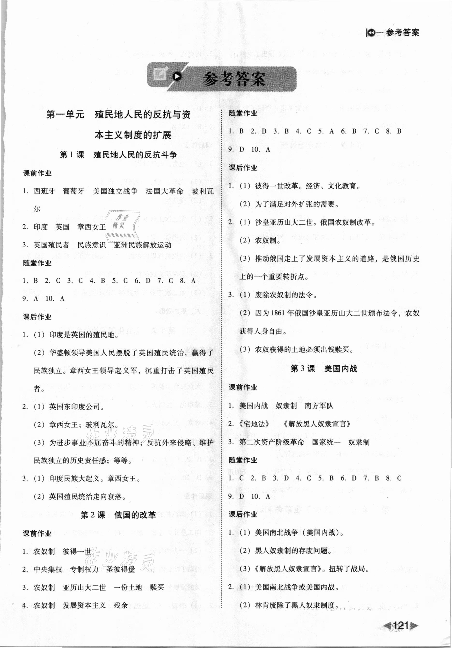 2021年胜券在握打好基础作业本九年级历史下册人教部编版 参考答案第1页