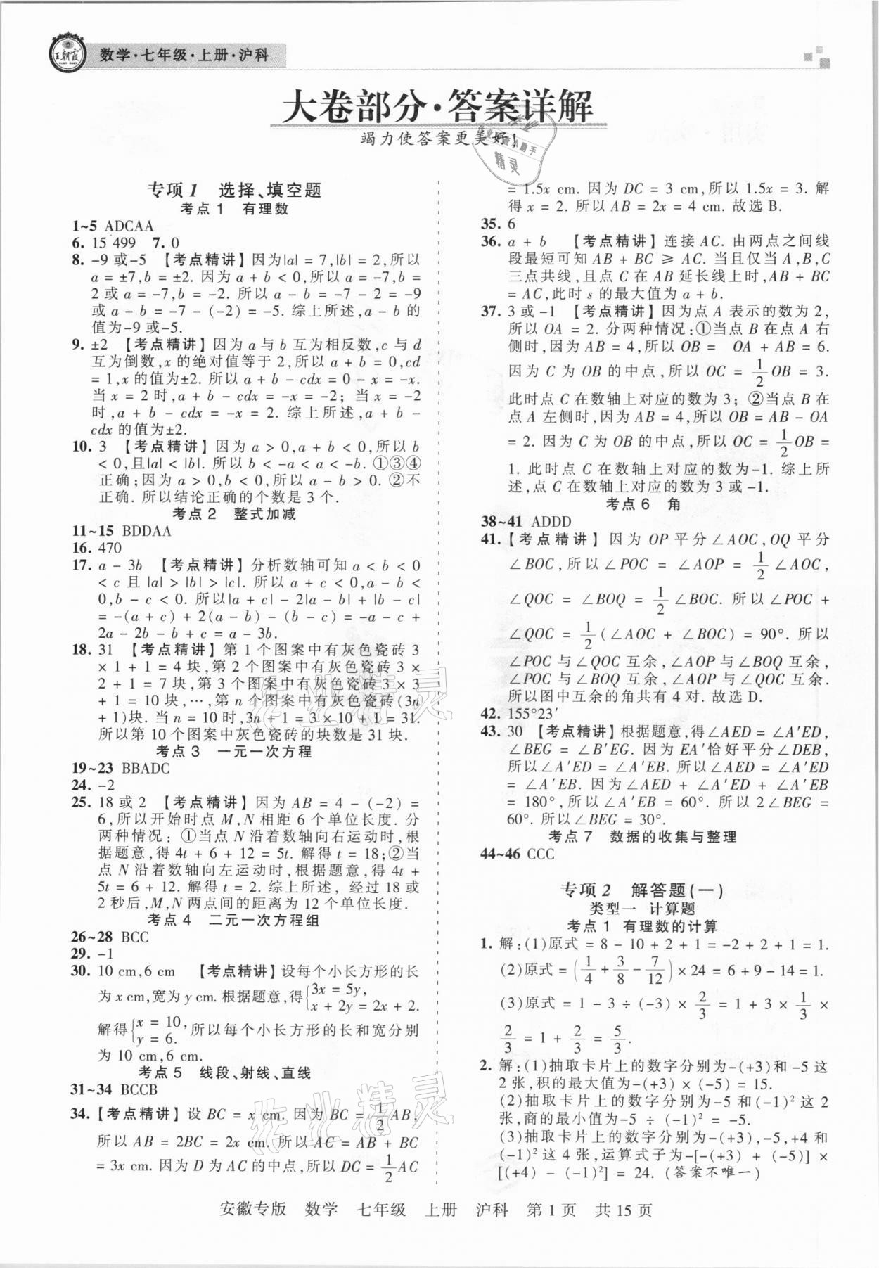 2020年王朝霞各地期末试卷精选七年级数学上册沪科版安徽专版 参考答案第1页