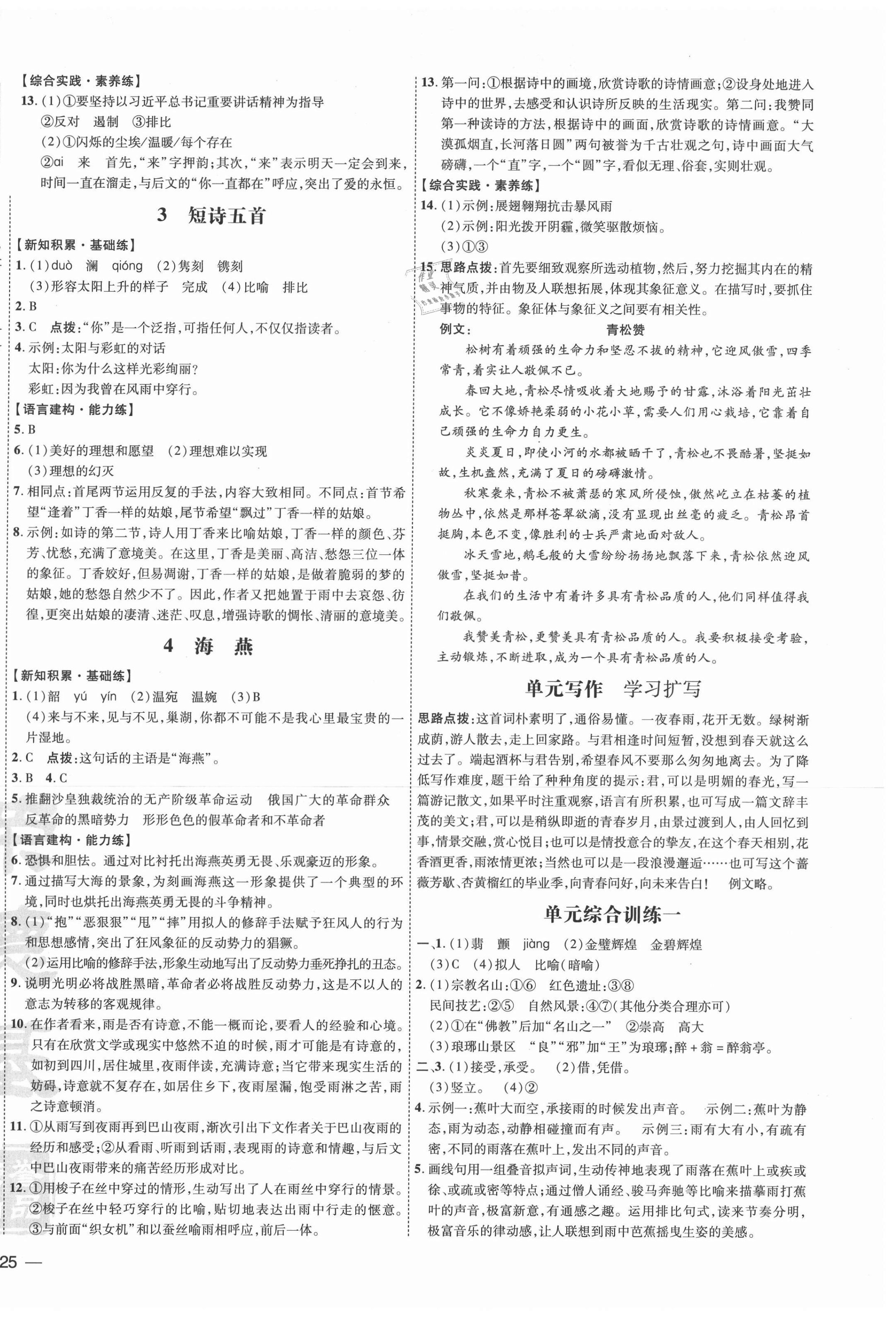 2021年點撥訓(xùn)練九年級語文下冊人教版安徽專版 參考答案第2頁