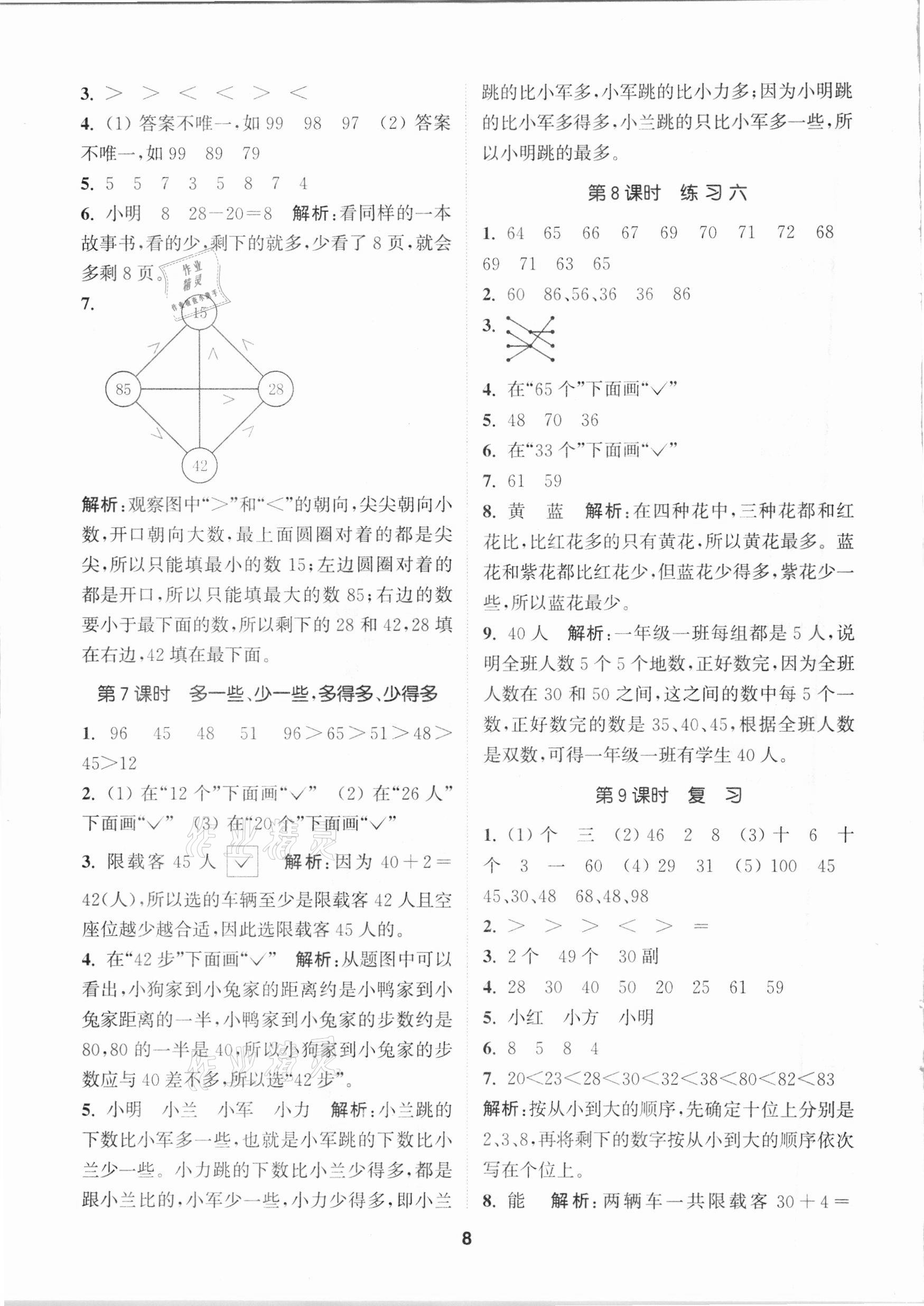 2021年拔尖特訓一年級數(shù)學下冊蘇教版 參考答案第8頁