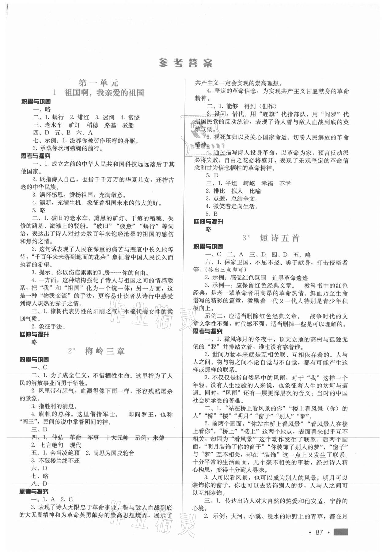 2020年新練習鞏固方案九年級語文下冊人教版 參考答案第1頁