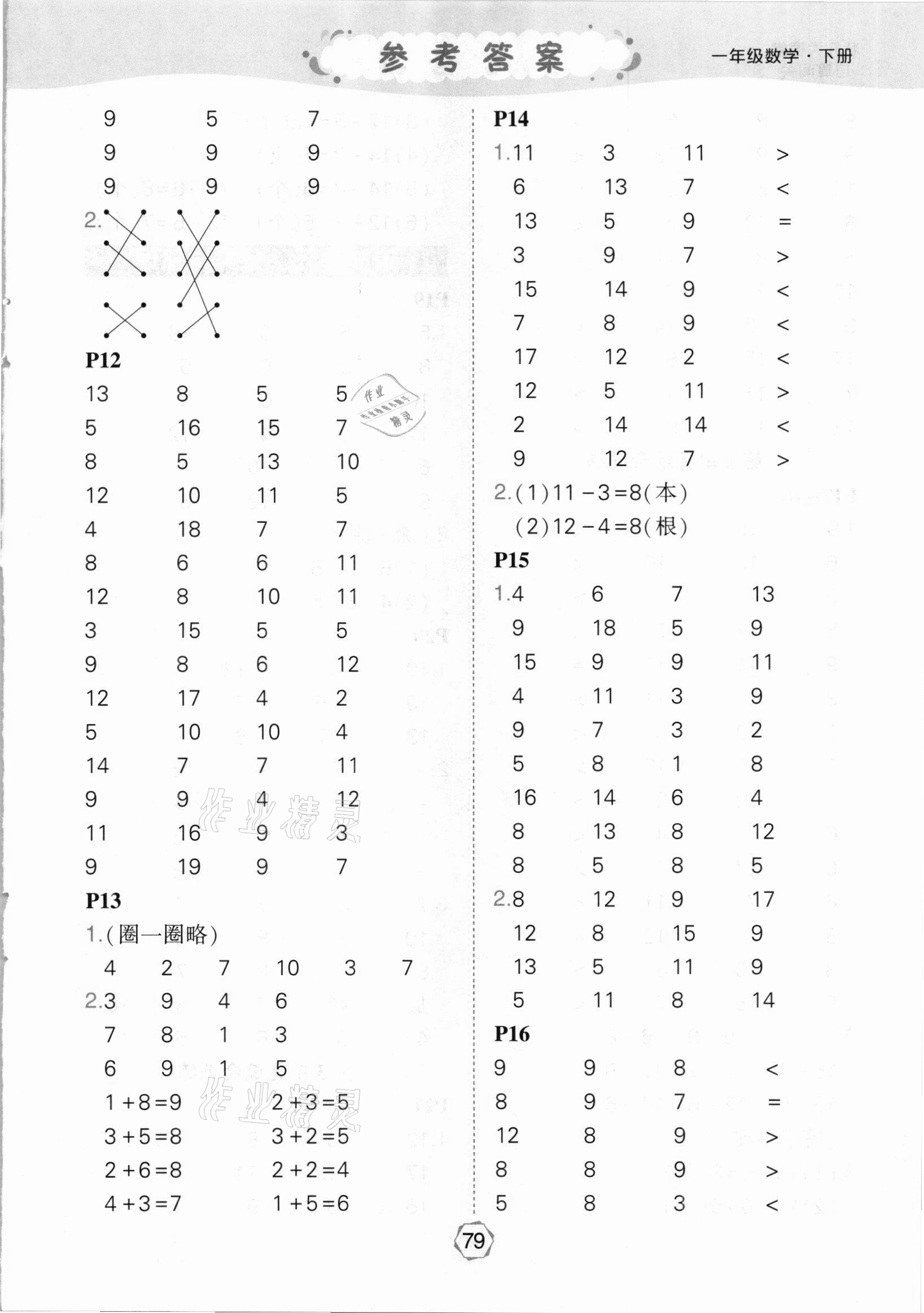 2021年状元大课堂口算闯关一年级数学下册人教版&nbsp;参考答案第3页