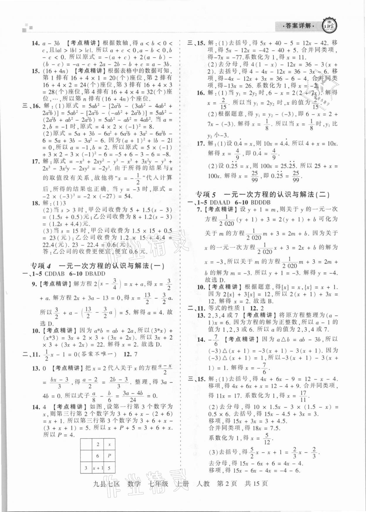 2020年王朝霞各地期末試卷精選七年級數(shù)學(xué)上冊人教版九縣七區(qū)專版 參考答案第2頁