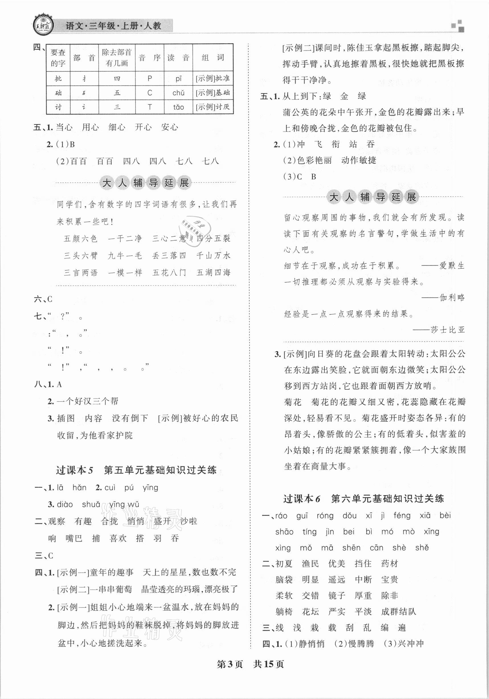 2020年王朝霞各地期末試卷精選三年級語文上冊人教版九縣七區(qū)專版 參考答案第3頁