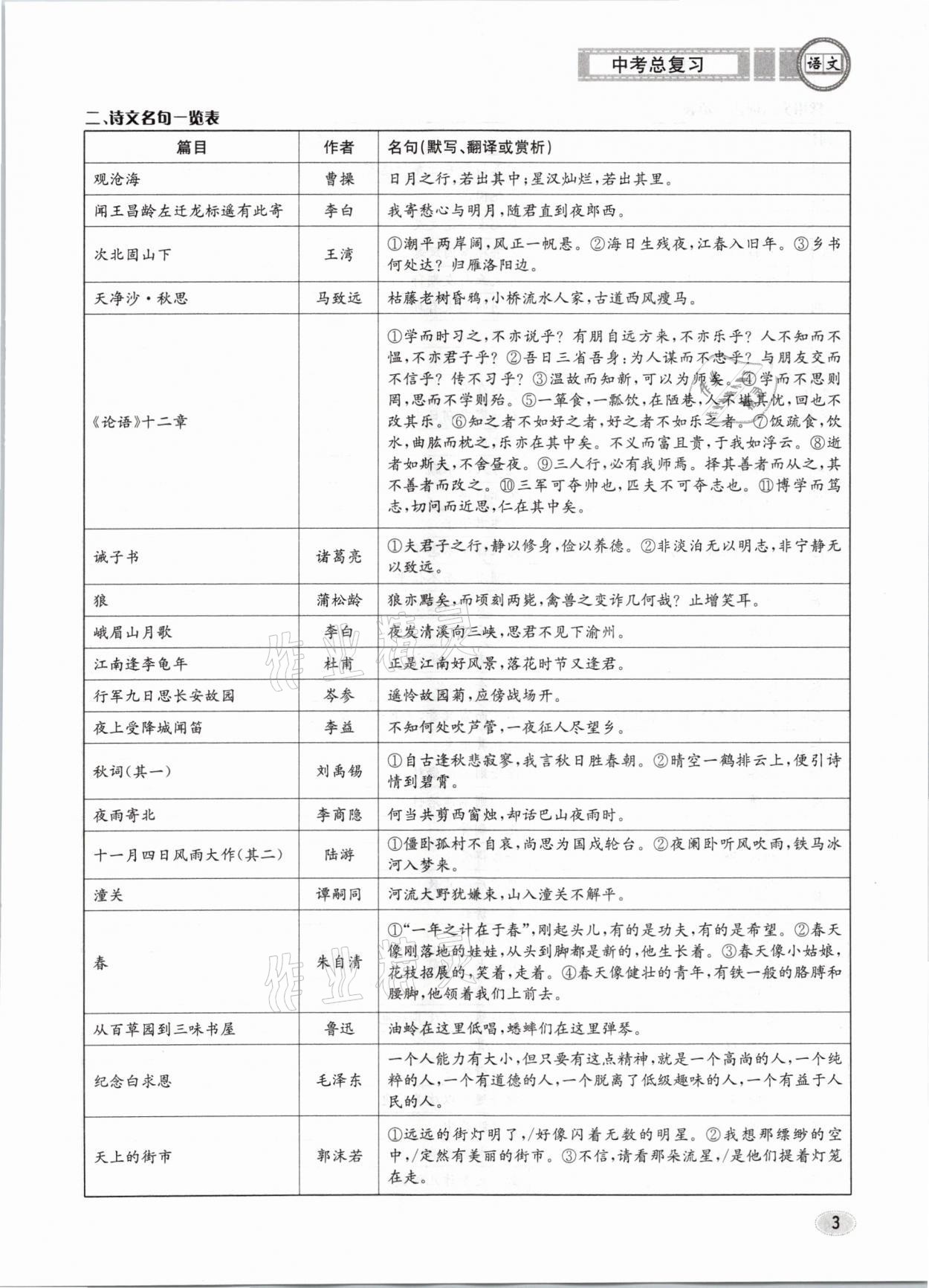 2021年中考总复习语文长江出版社 参考答案第3页