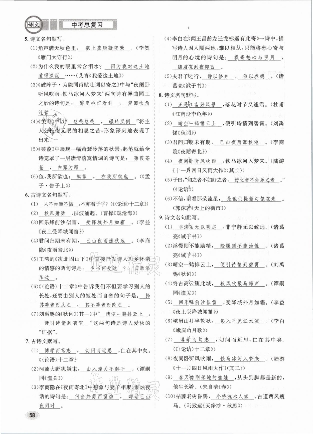 2021年中考总复习语文长江出版社 参考答案第58页