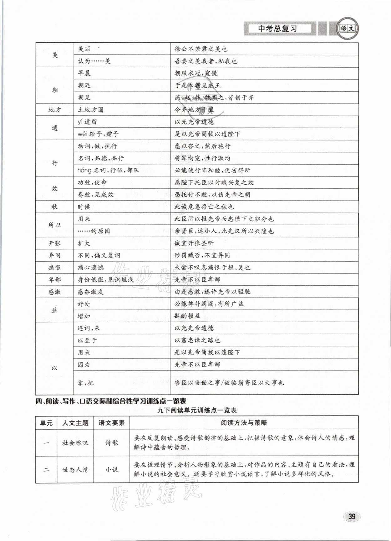 2021年中考总复习语文长江出版社 参考答案第39页