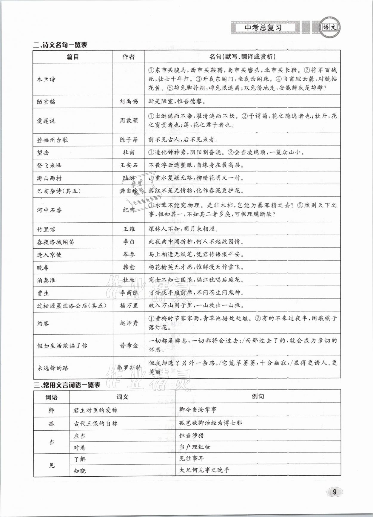 2021年中考总复习语文长江出版社 参考答案第9页