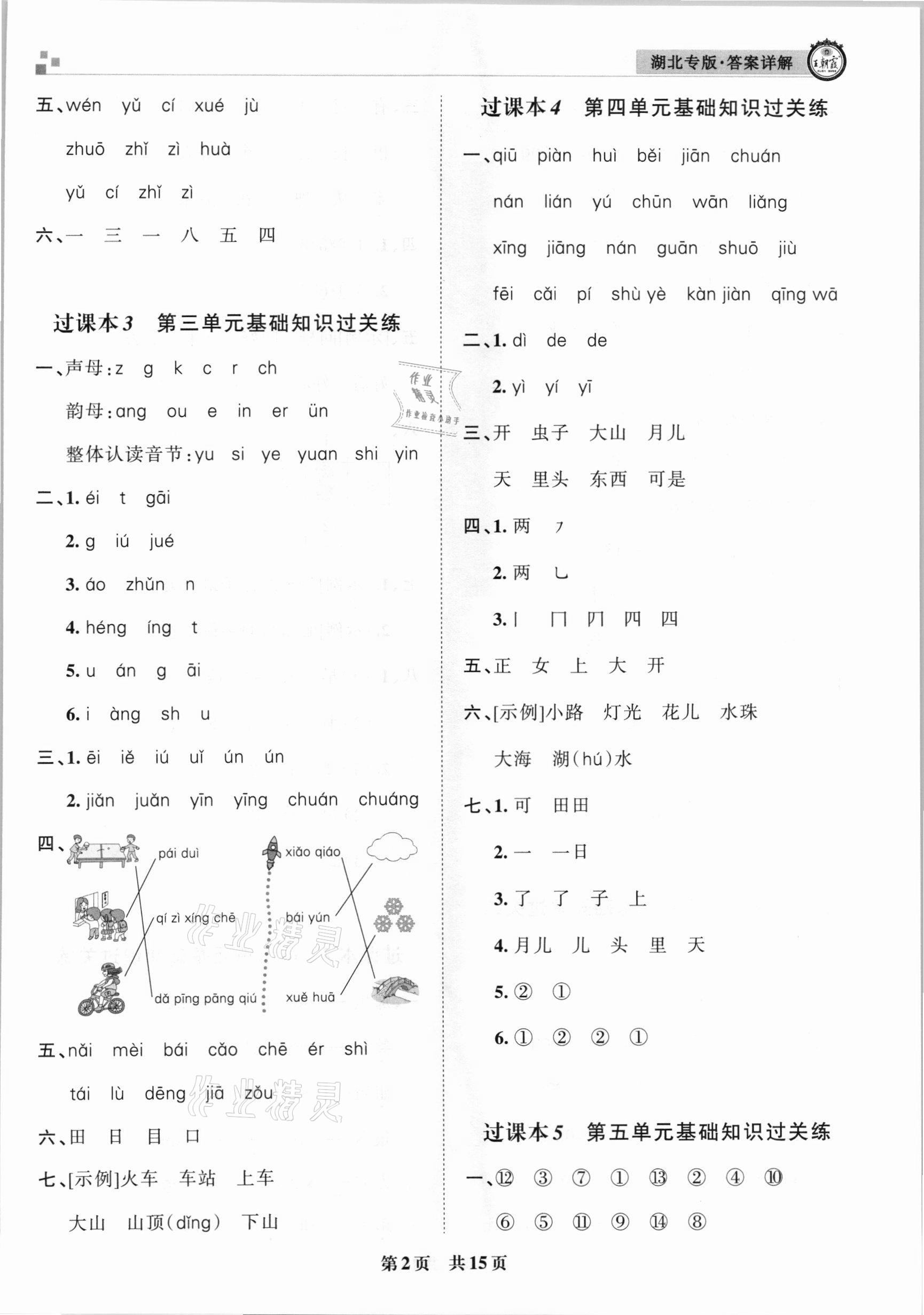 2020年王朝霞各地期末試卷精選一年級語文上冊人教版湖北專版 參考答案第2頁