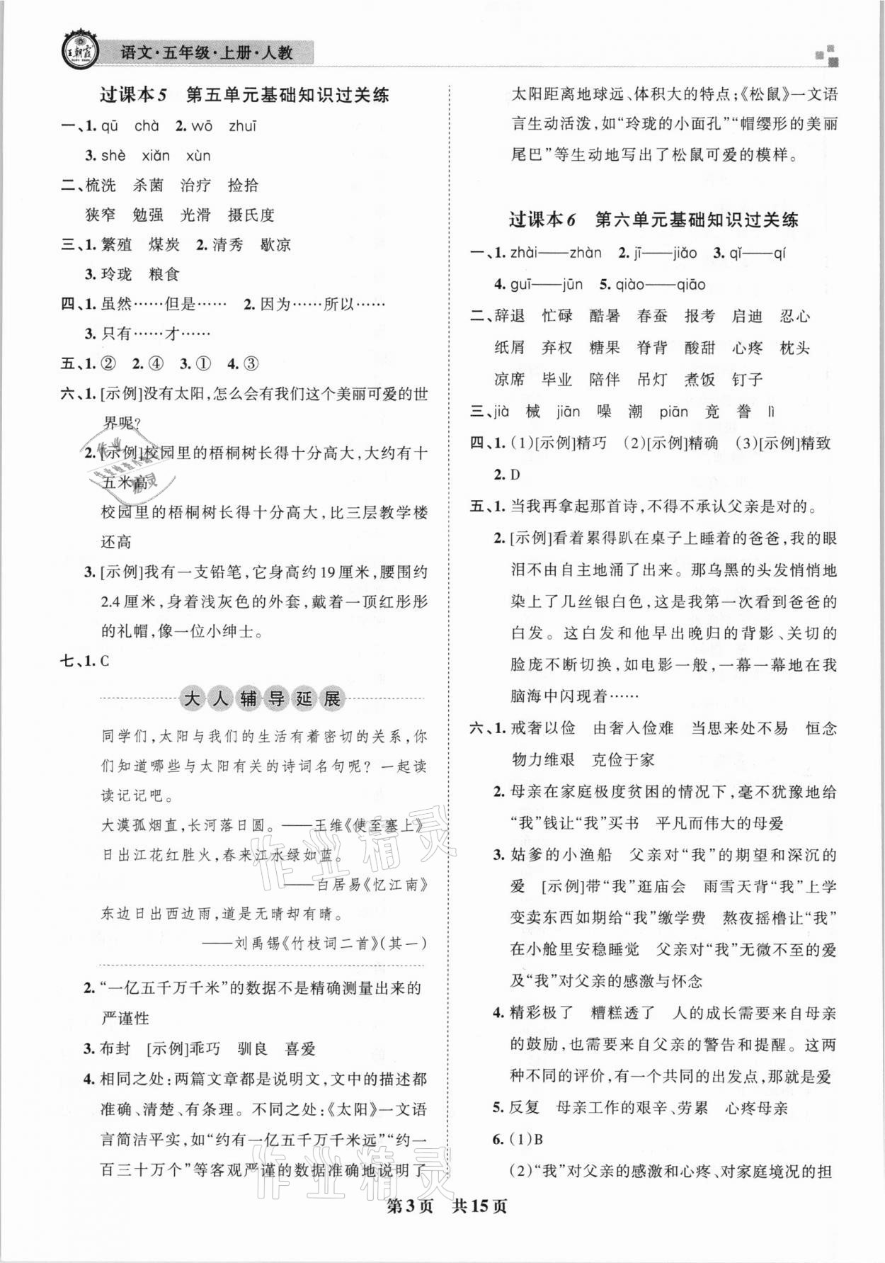 2020年王朝霞各地期末試卷精選五年級語文上冊人教版湖北專版 參考答案第3頁