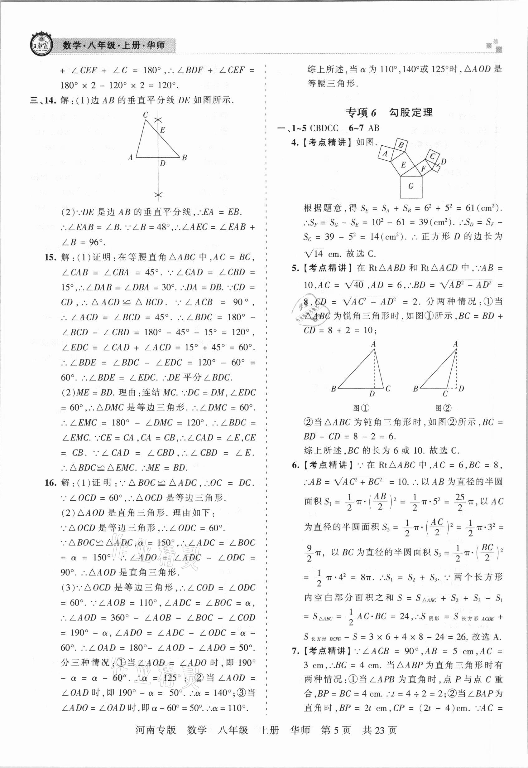 2020年王朝霞各地期末試卷精選八年級數(shù)學(xué)上冊華師大版河南專版 參考答案第5頁