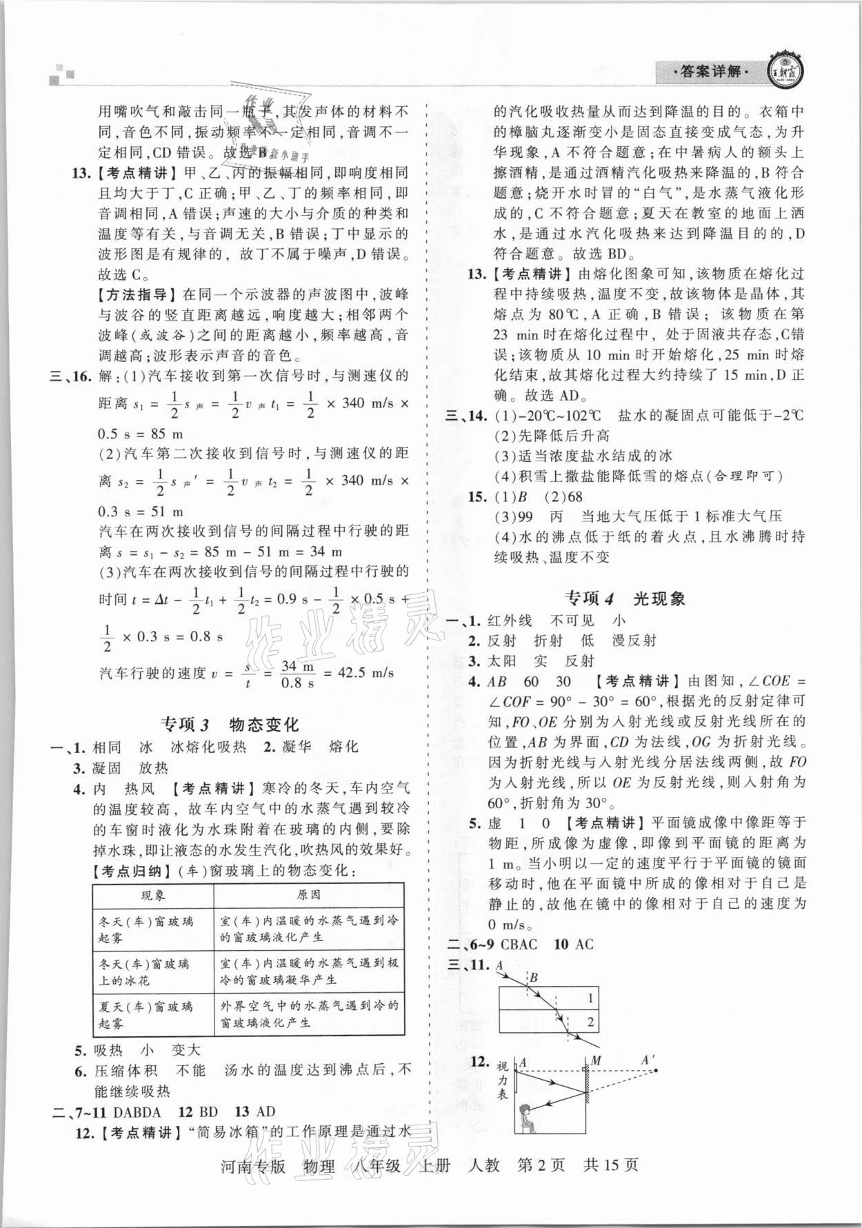 2020年王朝霞各地期末试卷精选八年级物理上册人教版河南专版 参考答案第2页