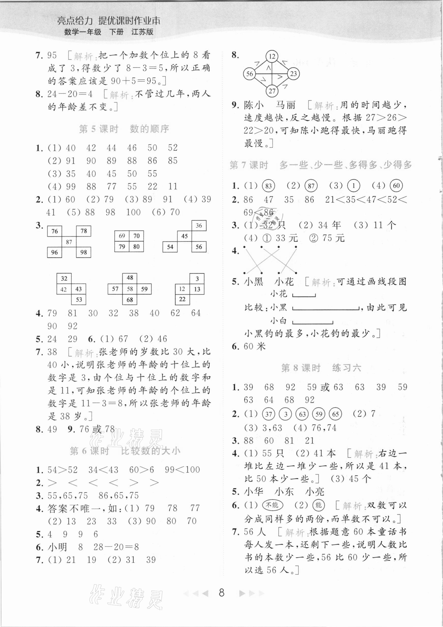 2021年亮点给力提优课时作业本一年级数学下册江苏版 参考答案第8页