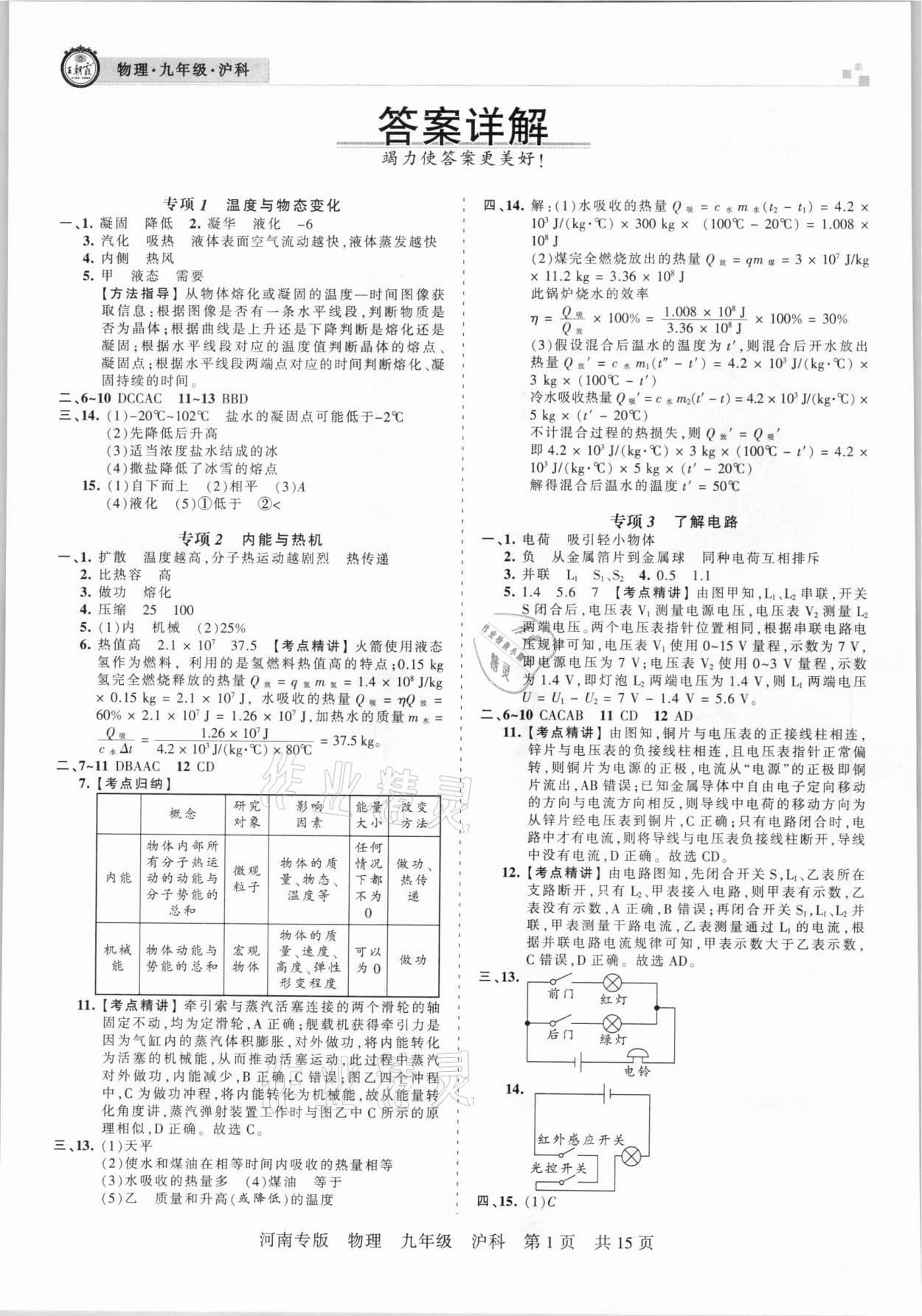 2020年王朝霞各地期末試卷精選九年級物理滬科版河南專版 參考答案第1頁