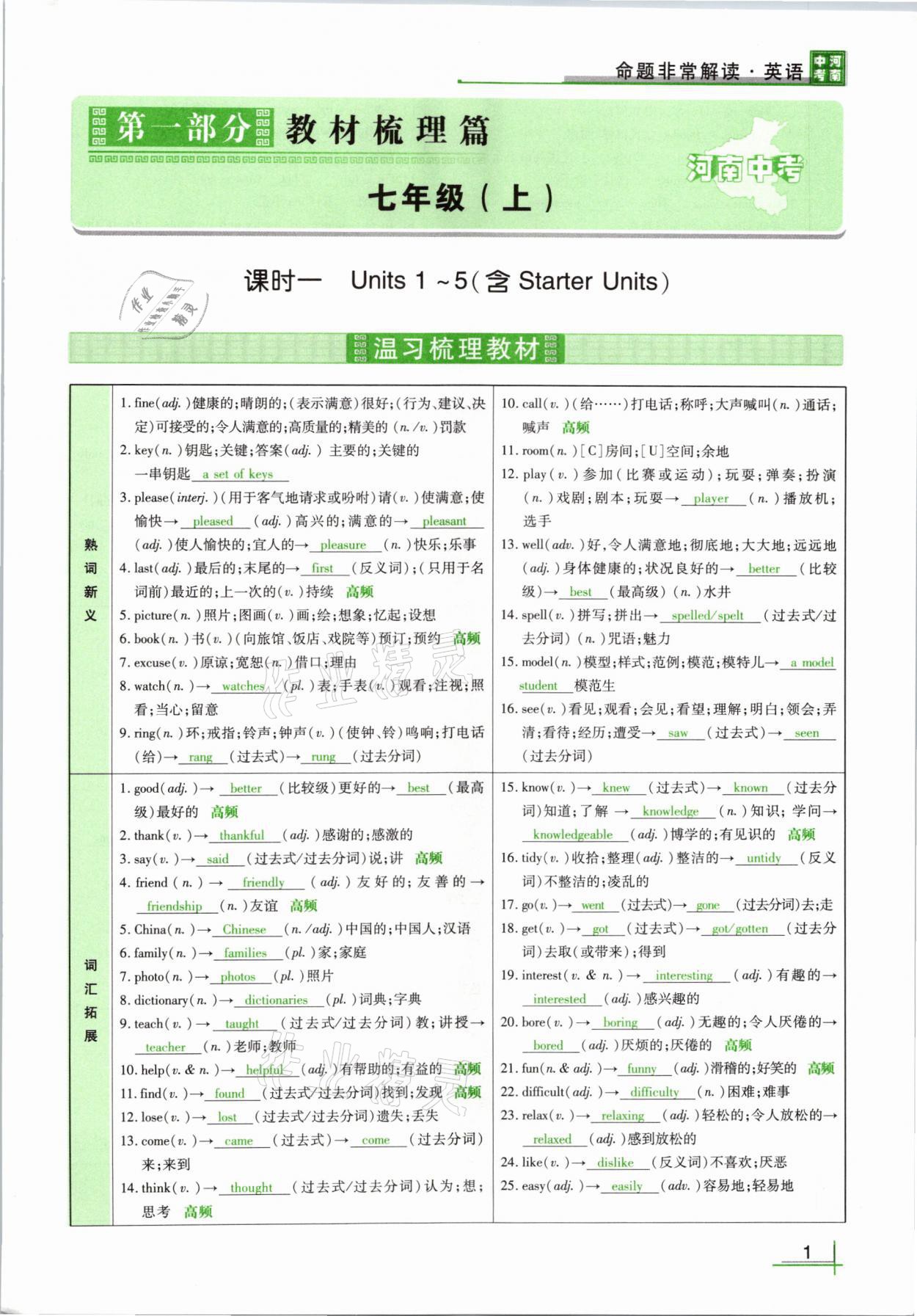 2021年河南中考命題非常解讀英語課標版 參考答案第1頁