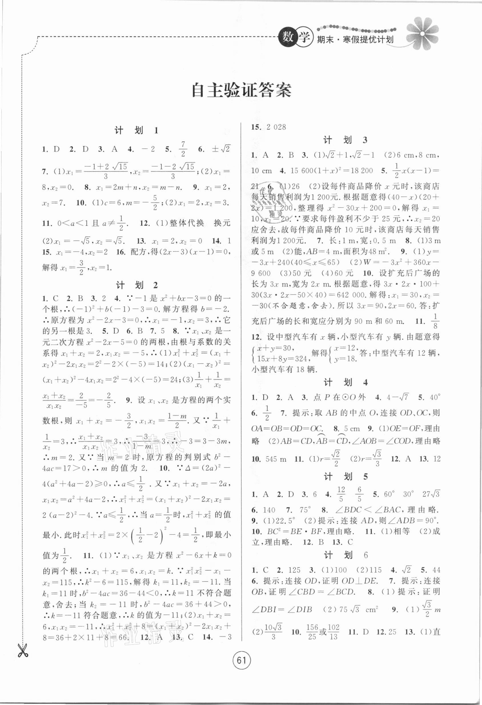 2021年期末寒假提优计划九年级数学苏科版 第1页