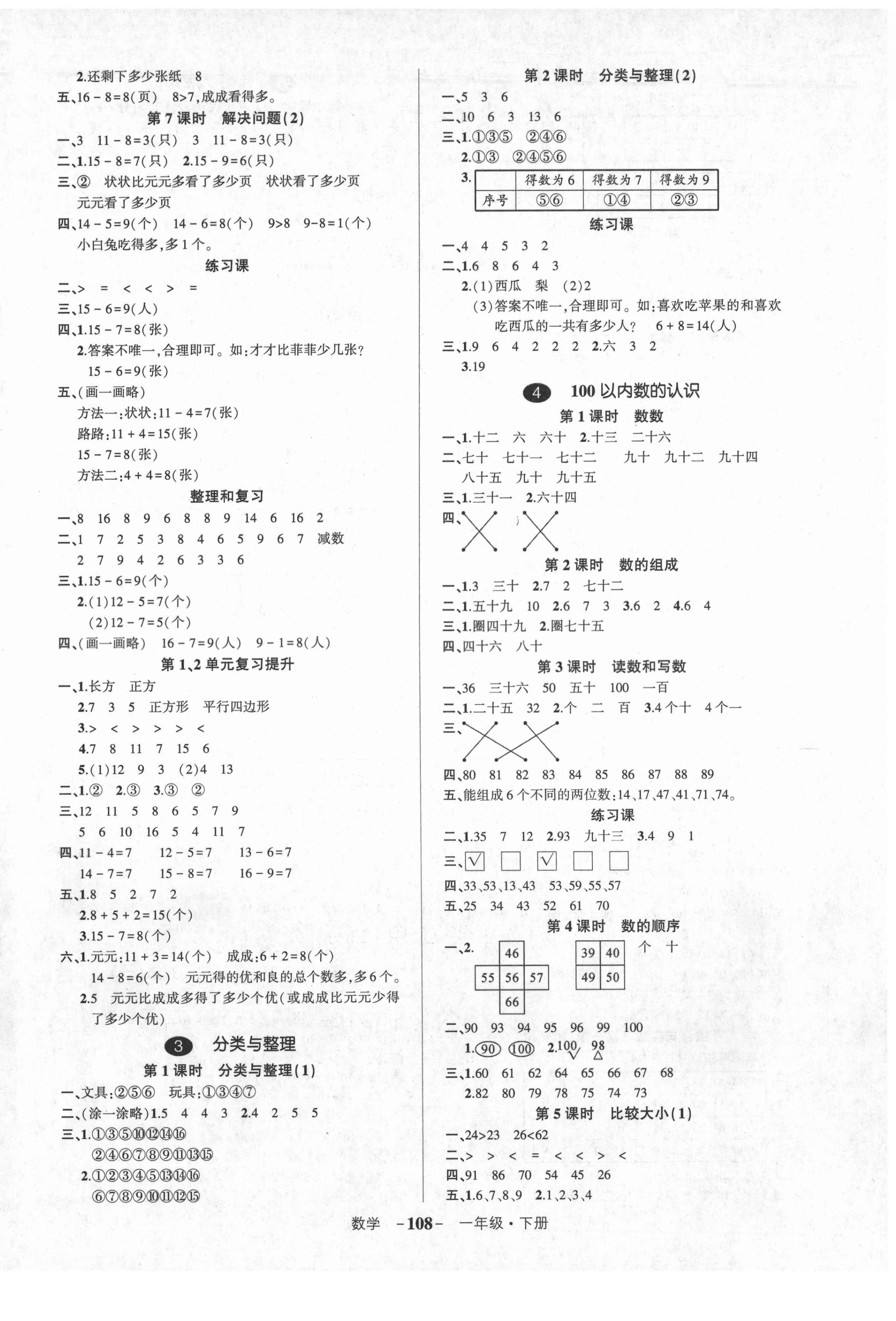 2021年狀元成才路創(chuàng)優(yōu)作業(yè)100分一年級數(shù)學下冊人教版湖北專版 參考答案第2頁