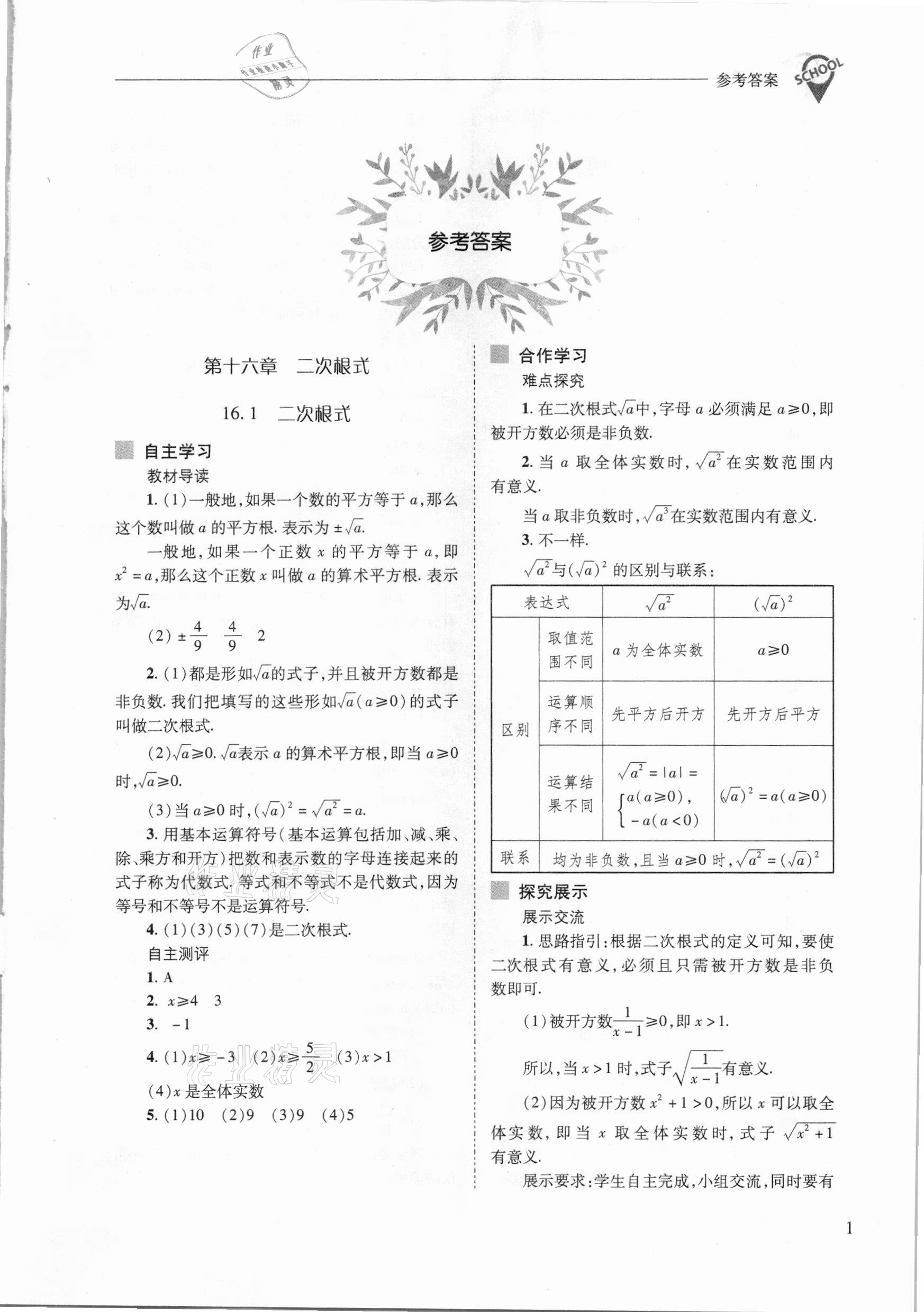 2021年新课程问题解决导学方案八年级数学下册人教版 参考答案第1页