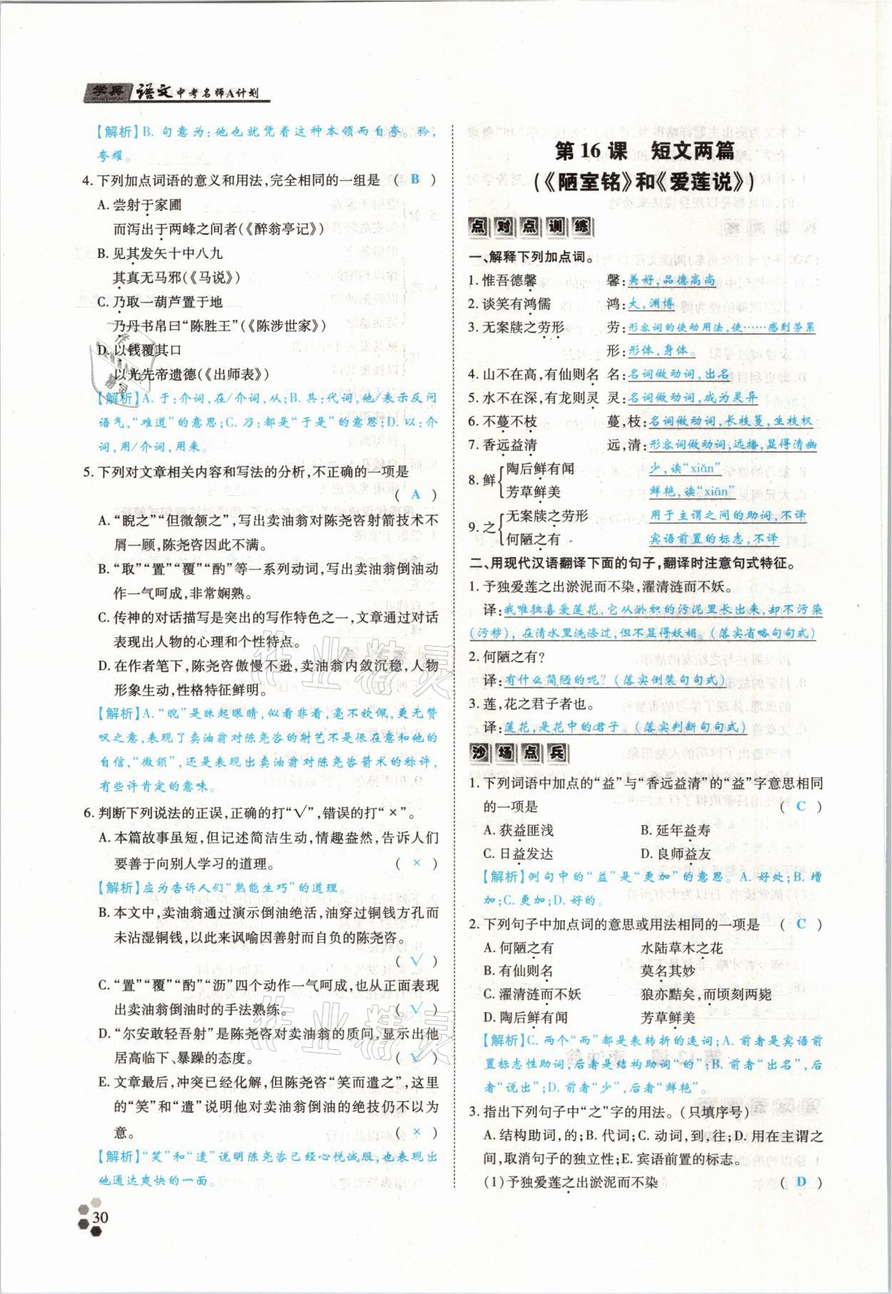 2021年學典中考名師A計劃語文 參考答案第30頁