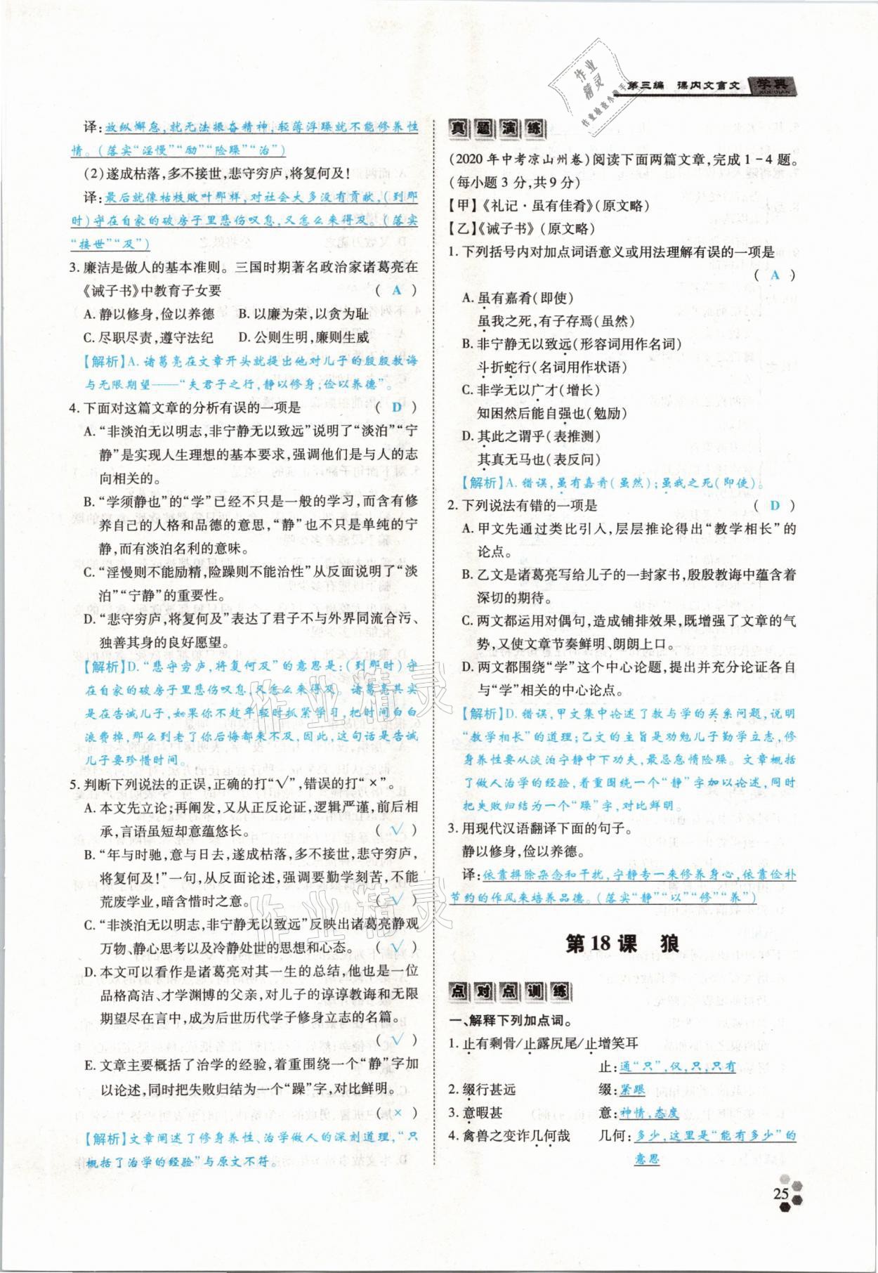 2021年學典中考名師A計劃語文 參考答案第25頁