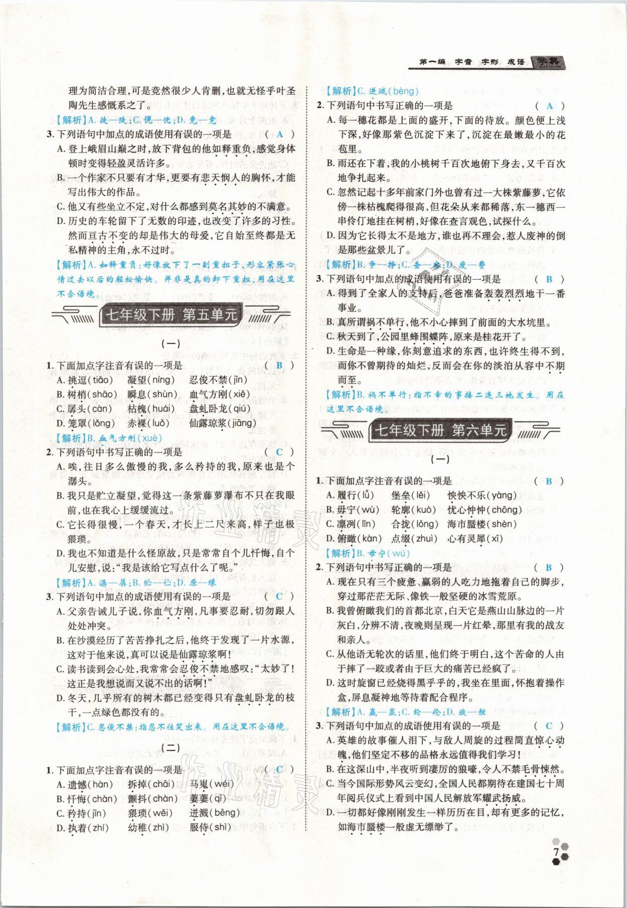 2021年學典中考名師A計劃語文 參考答案第7頁