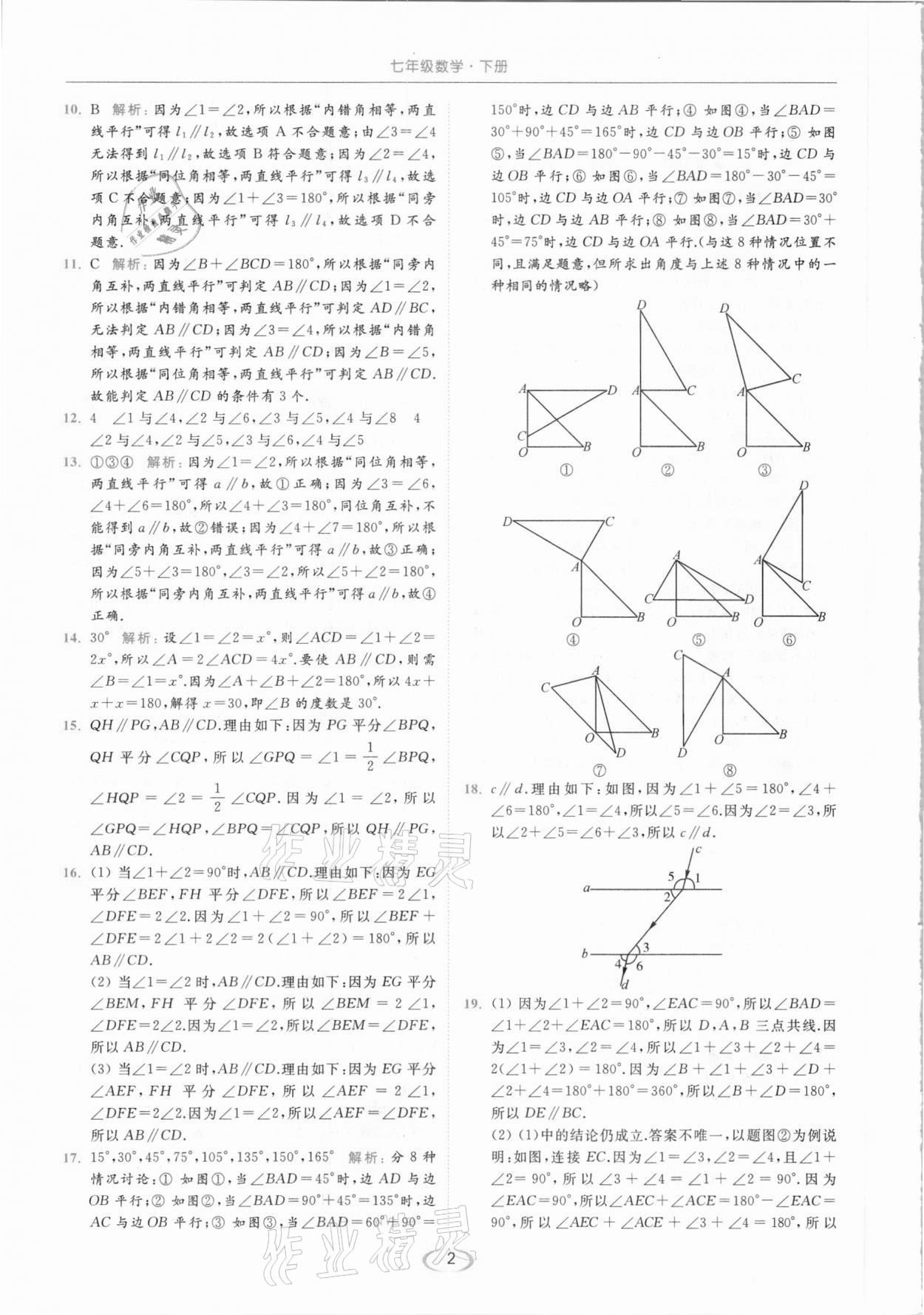 2021年亮點給力提優(yōu)課時作業(yè)本七年級數(shù)學下冊蘇科版 參考答案第2頁