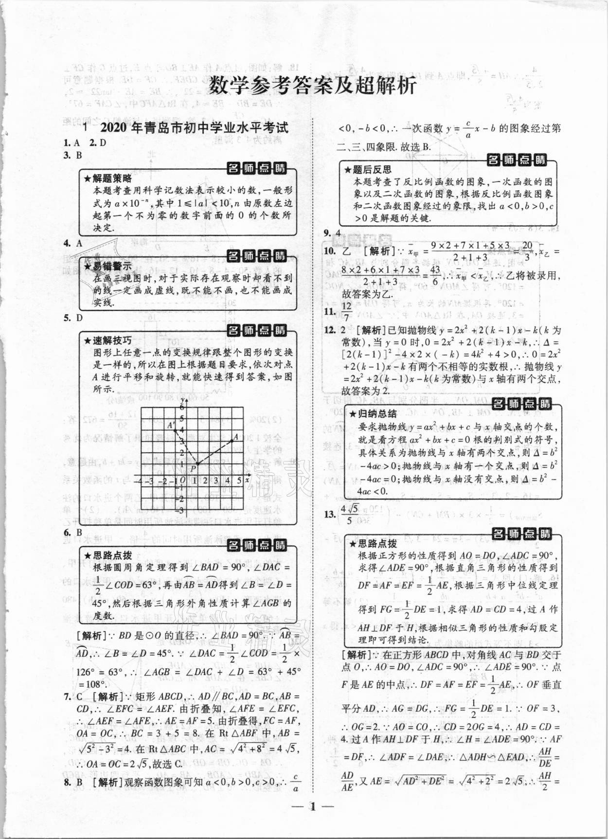 2021年中考試題匯編與解析數(shù)學(xué)山東專版 參考答案第1頁